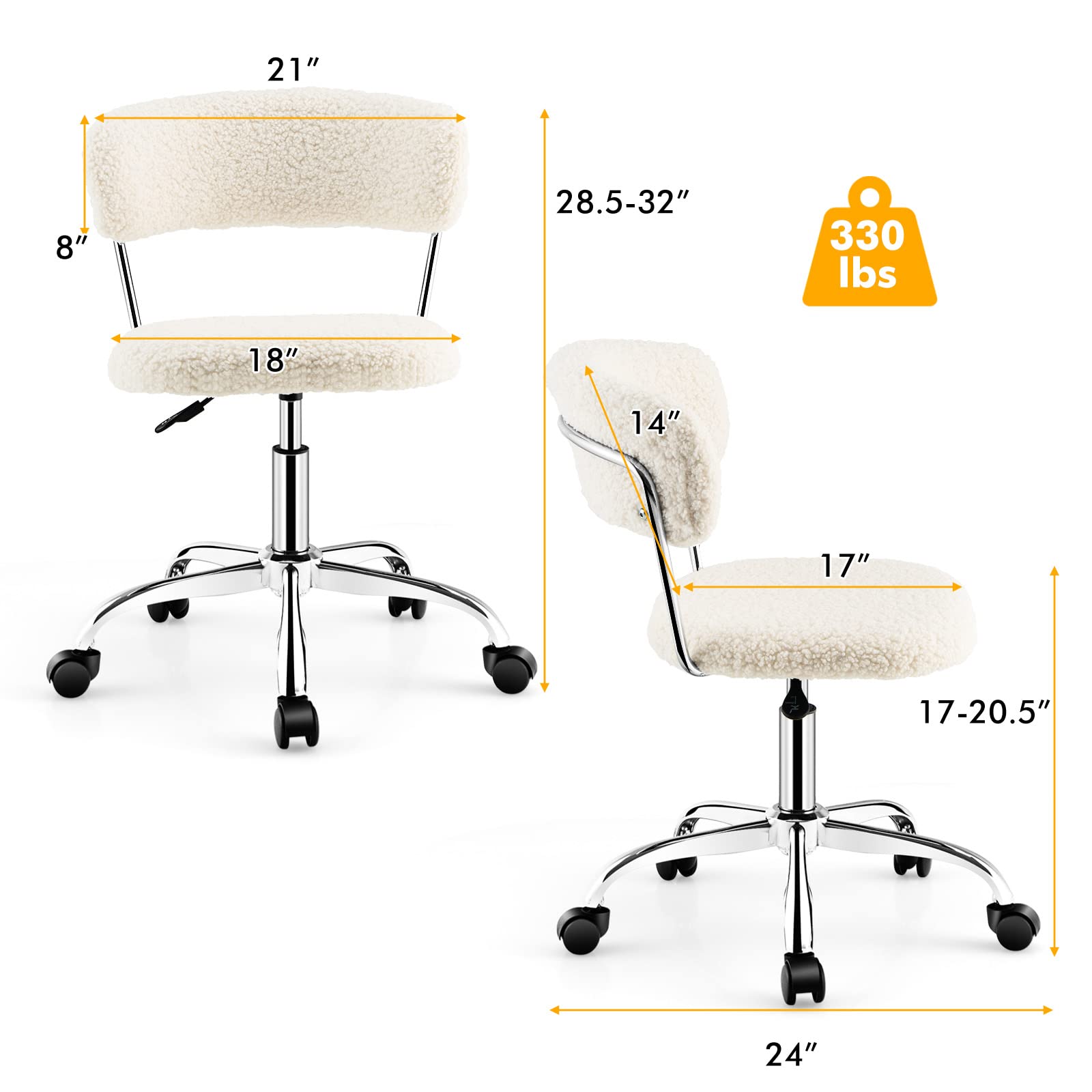 360&deg; Faux Fur Swivel Leisure Chair, Rolling Home Office Chair w/ Wheels & Adjustable Height,