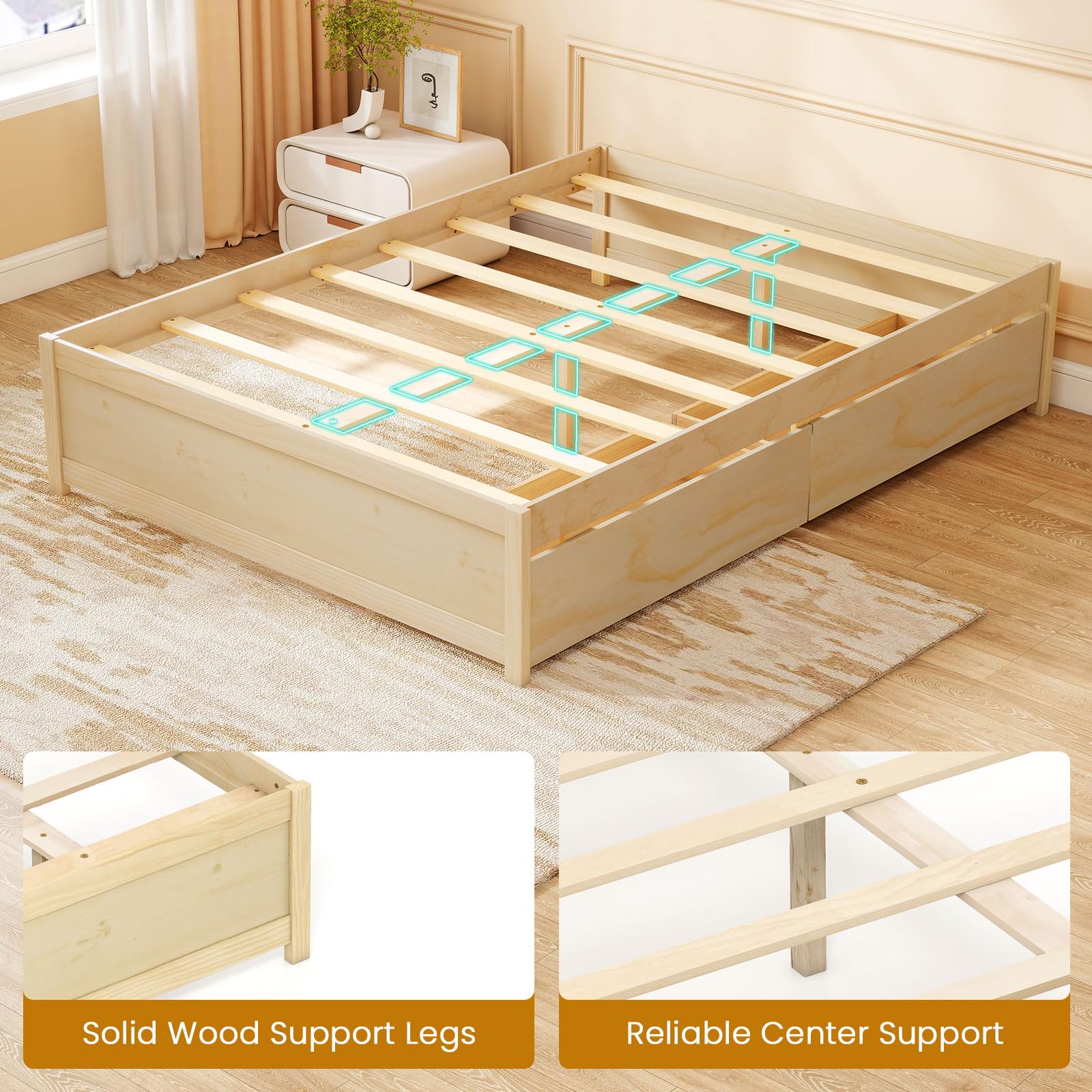 Bed Frame with 2 Storage Drawers, Solid Wood Platform Bed with Slats Support