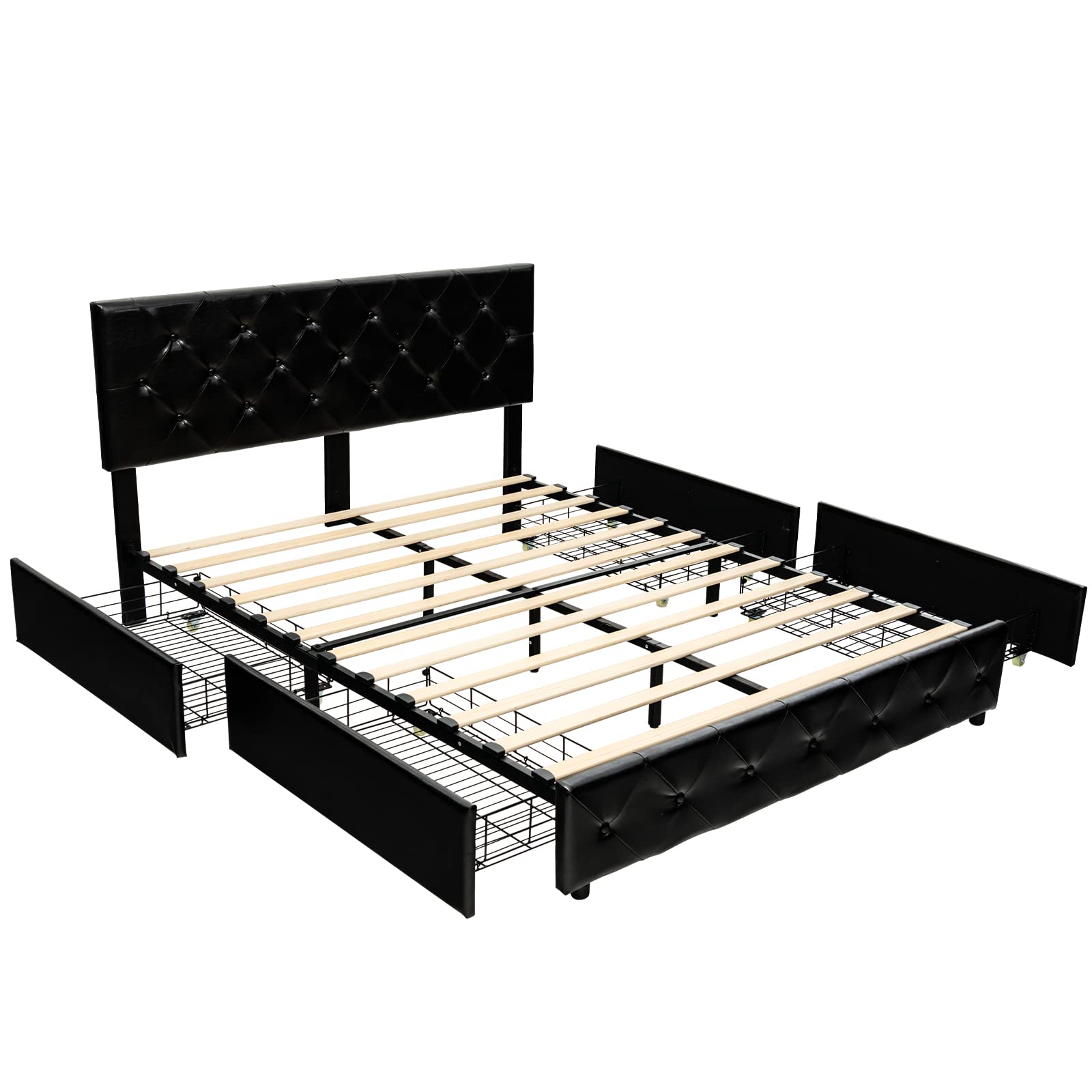 Upholstered PU Leather Platform Bed Frame with 4 Storage Drawers