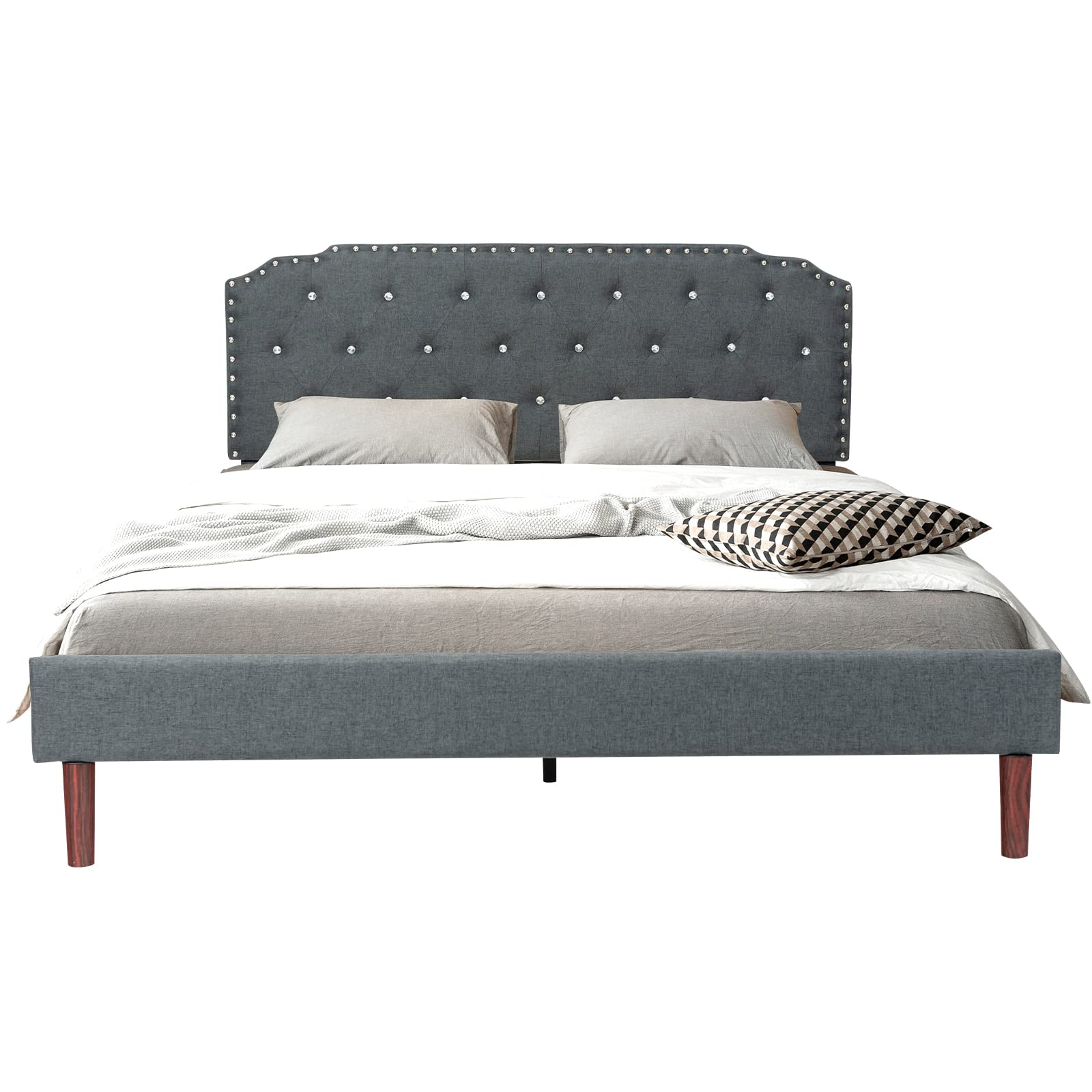 Upholstered Bed Frame with Adjustable Diamond Button Headboard