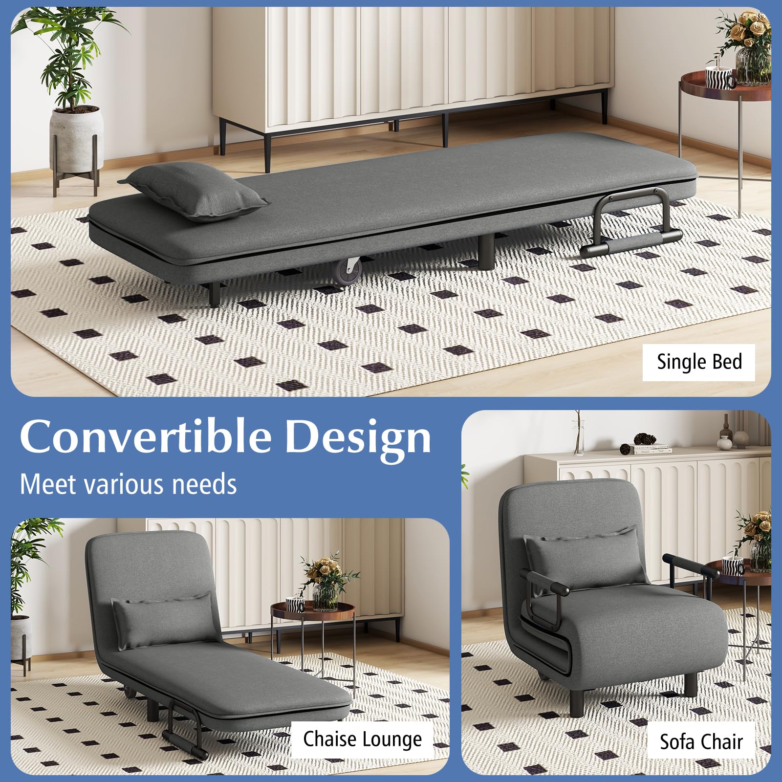 Convertible Chair Bed with 5-Position Adjustable Backrest & Lumbar Pillow, 2 Hidden Metal Legs & 2 Lockable Casters