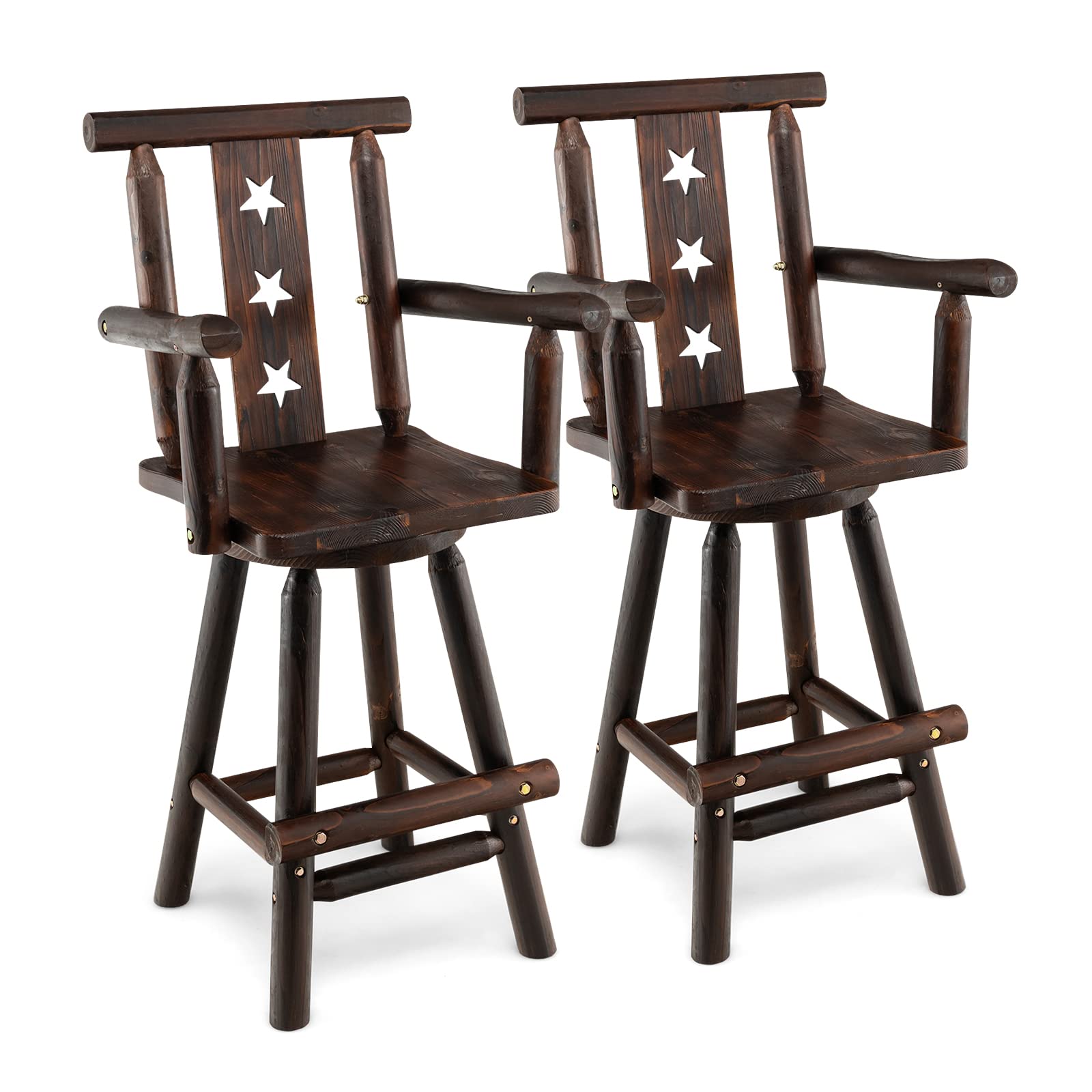 360&deg; Swivel Wood Bar Stools Set of 2 with Footrest, Decorative Star Backrest, Wide Armrest
