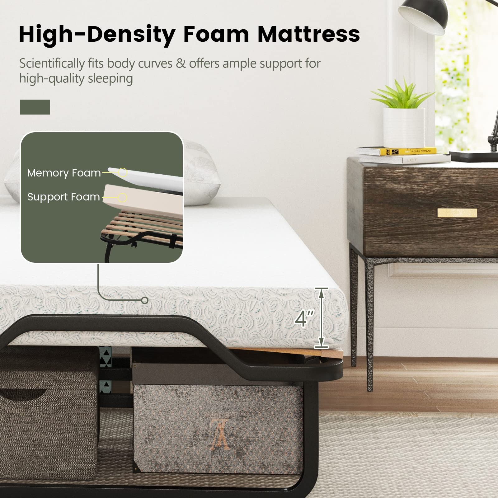 Folding Bed with 4 Inch Mattress for Adults, Cot Size Rollaway Guest Bed w/Memory Foam Mattress & Solid Wood Slats