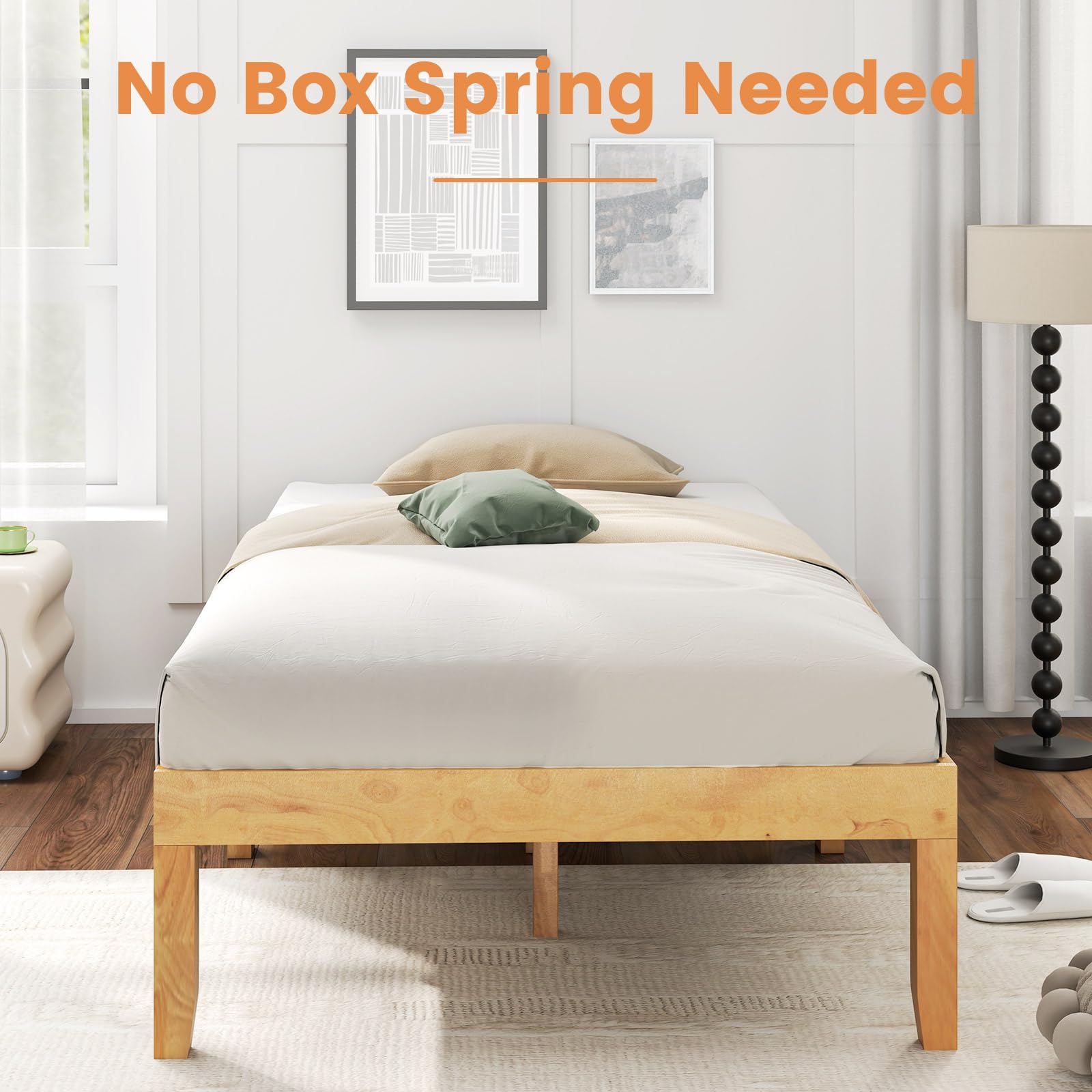 Wood Platform Bed Frame, 14 Inches Wooden Mattress Foundation with Solid Rubber Wood Legs