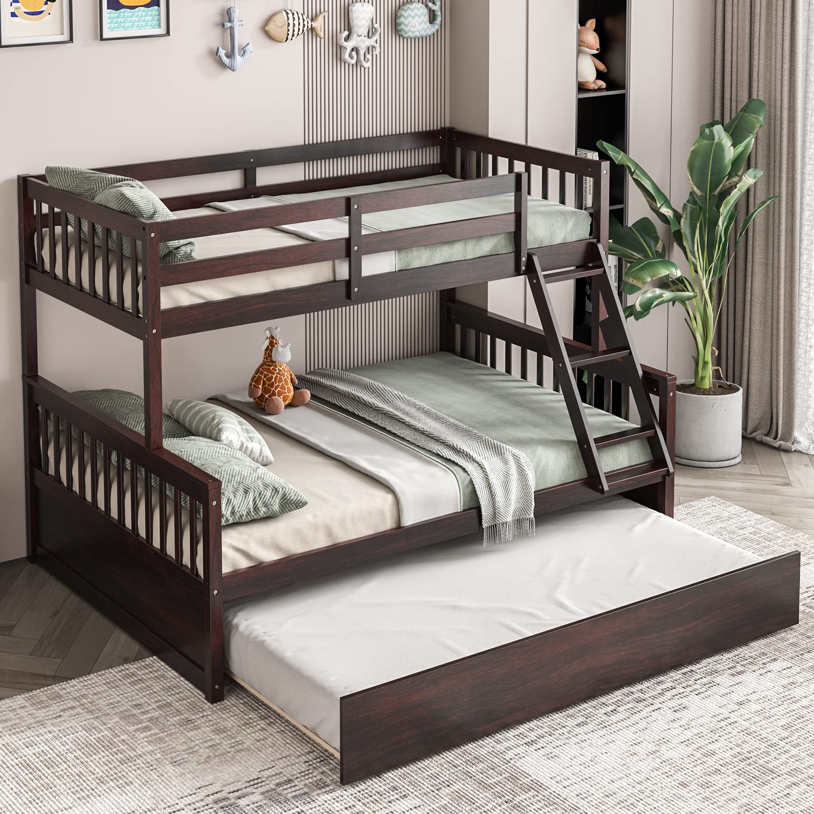 Wood Twin Over Full Bunk Bed with Solid Pine Wood Frame