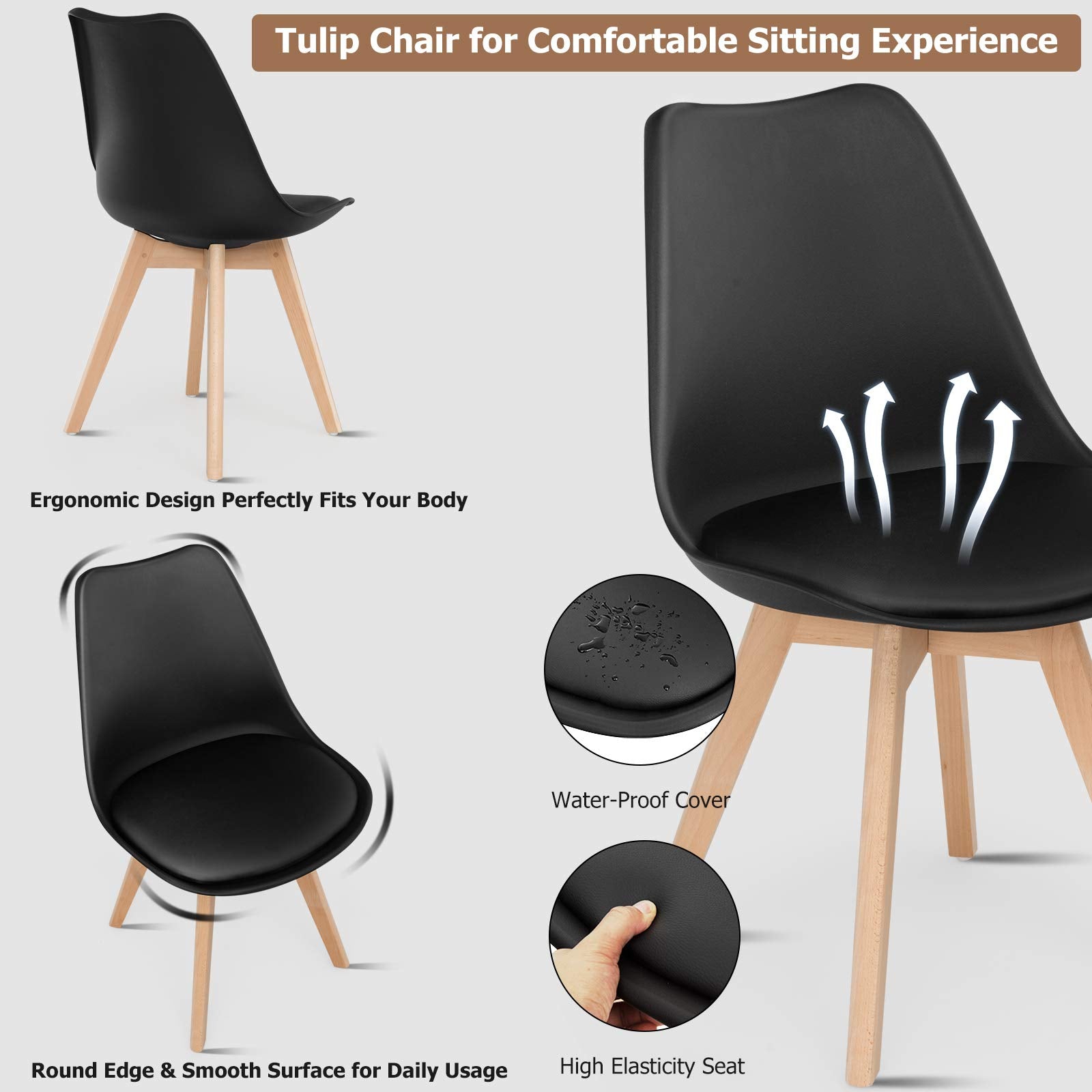 Set of 4 Modern High Backrest Dining Chairs, Elegant Mid Century Side Chairs w/Padded Seat, Solid Wood Legs
