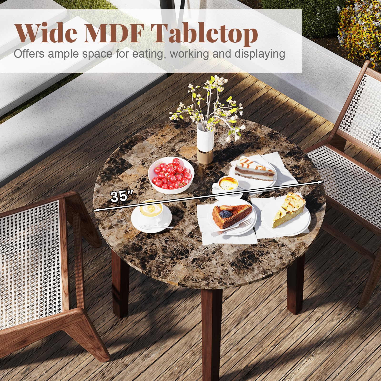 35&rdquo; Round Dining Table - Kitchen Table with Rubber Wood Legs, Marble-Textured Veneer Tabletop