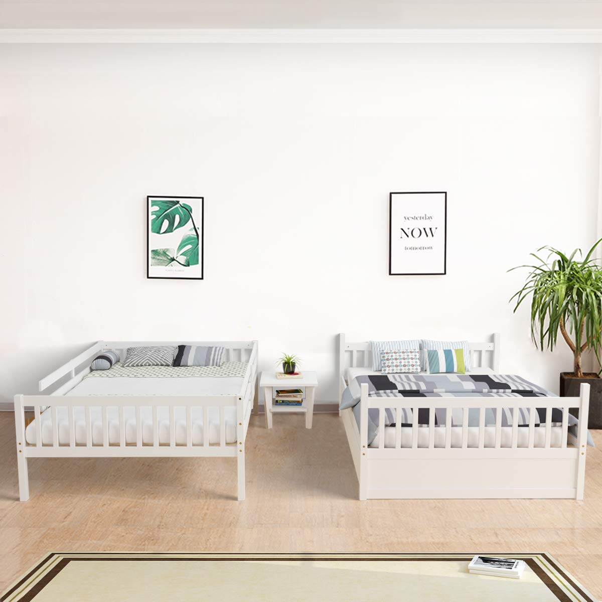 Full Over Full Wood Bunk Bed with Trundle, Ladder, Solid Wood Frame & Safety Guardrails