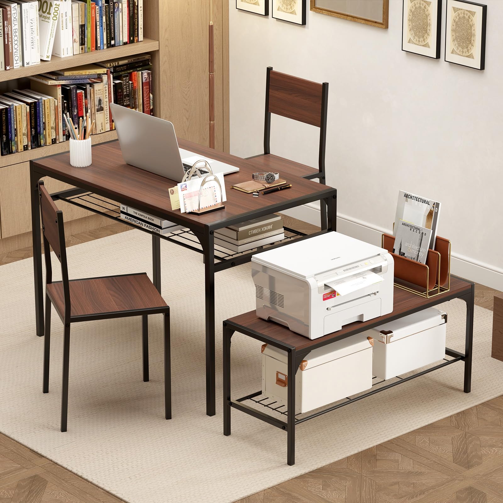 4 Pieces Dining Table Set, Kitchen Table and 2 Chairs for 4 with Bench, Storage Racks