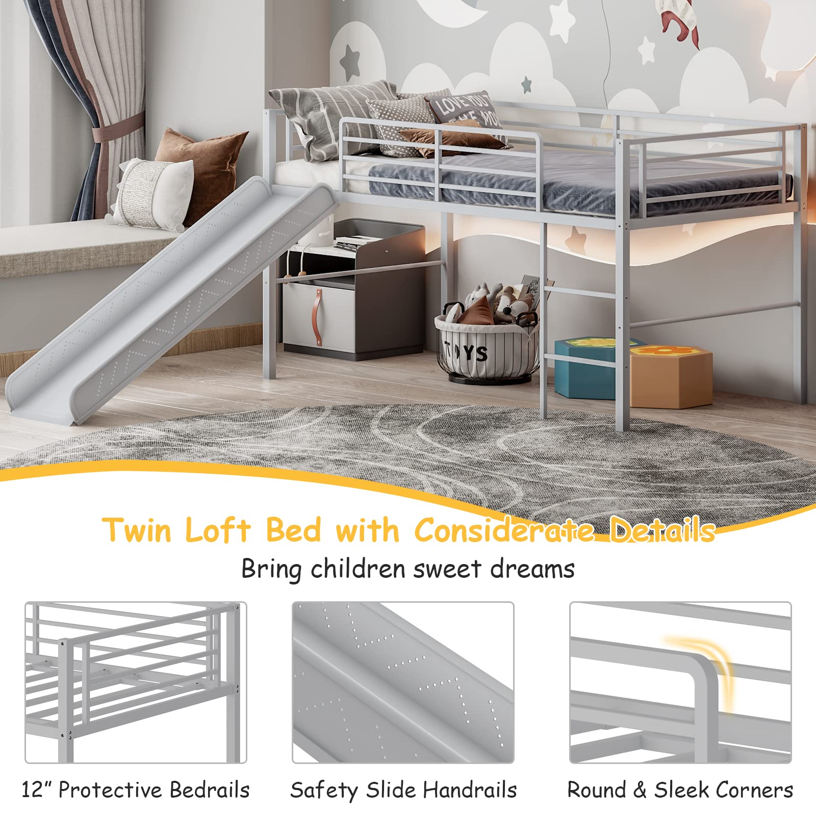 Twin Metal Low Loft Bed with Slide, Safety Guardrails & Built-in Ladder