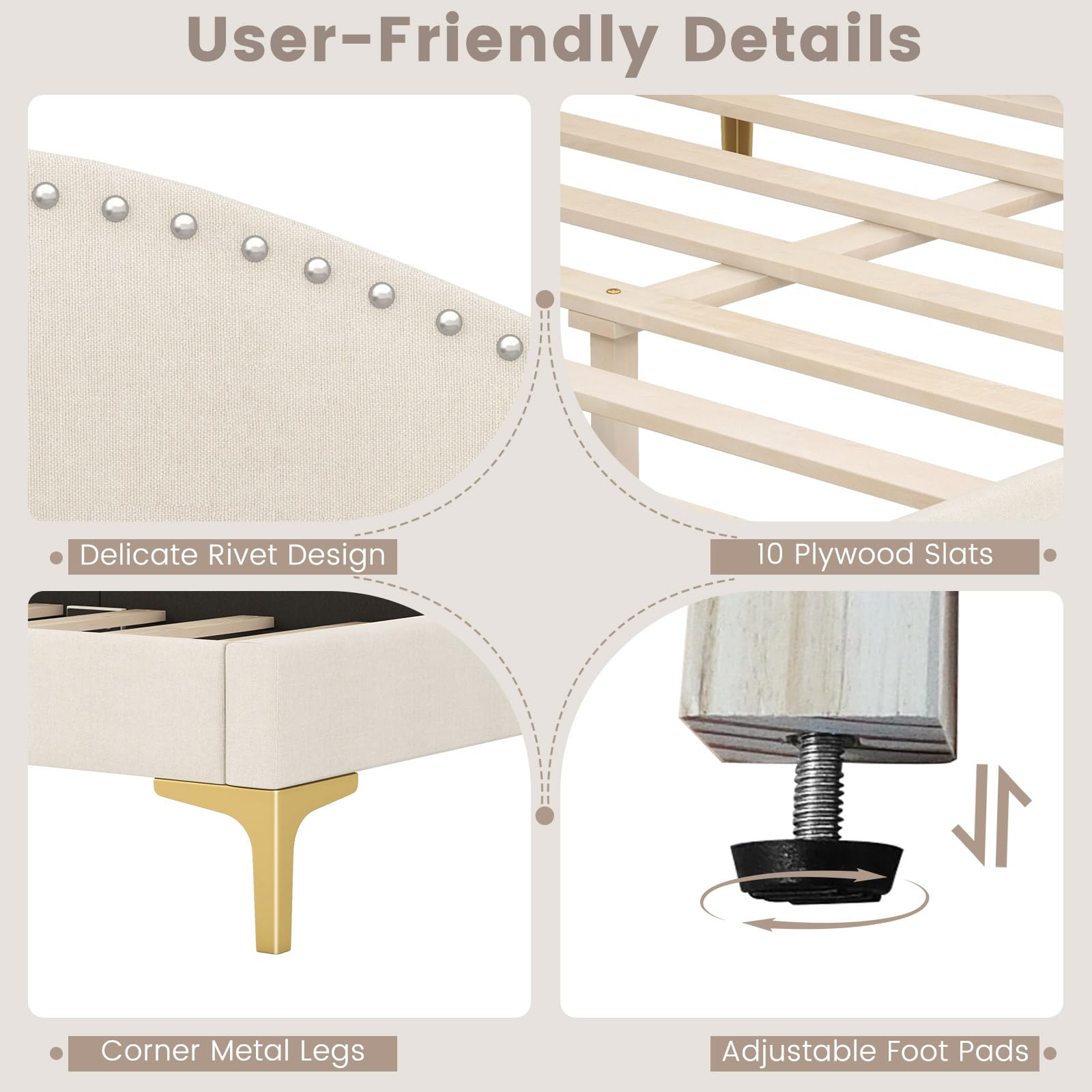 Rivet-Tufted Platform Bed Frame with Headboard, Metal Legs & Wood Slats, L-Shaped Corner Sofa Bed