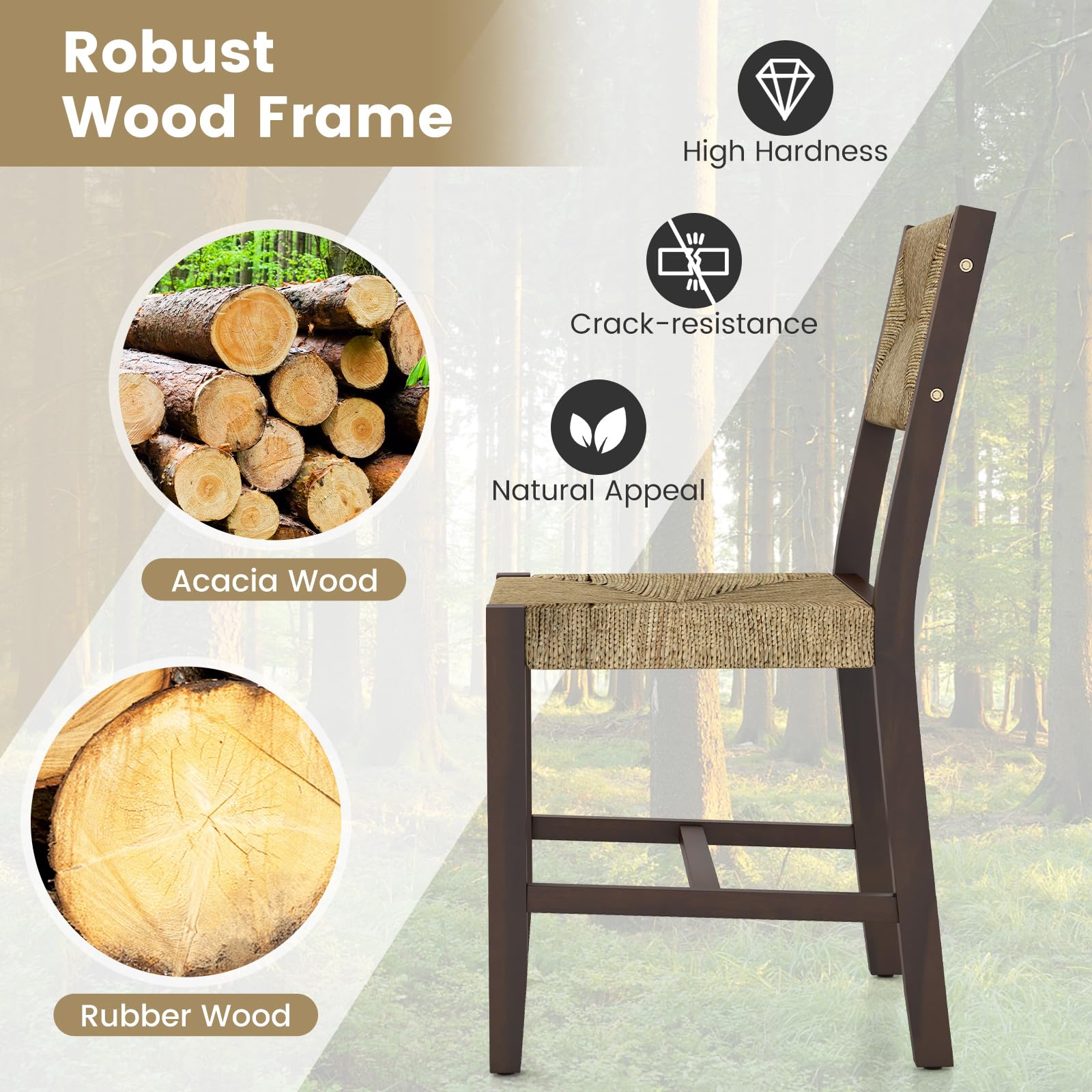 Rattan Dining Chairs Set of 2/4, Farmhouse Cane Side Chairs w/Woven Seaweed Backrest & Seat