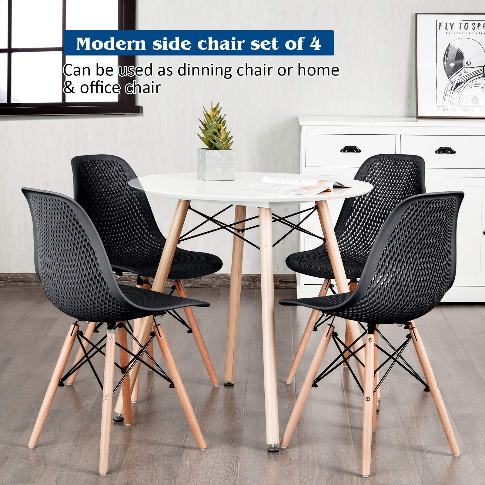 Set of 4 Modern Dining Chairs, Outdoor Indoor Shell PP Lounge Side Chairs with Mesh Design, Beech Wood Legs