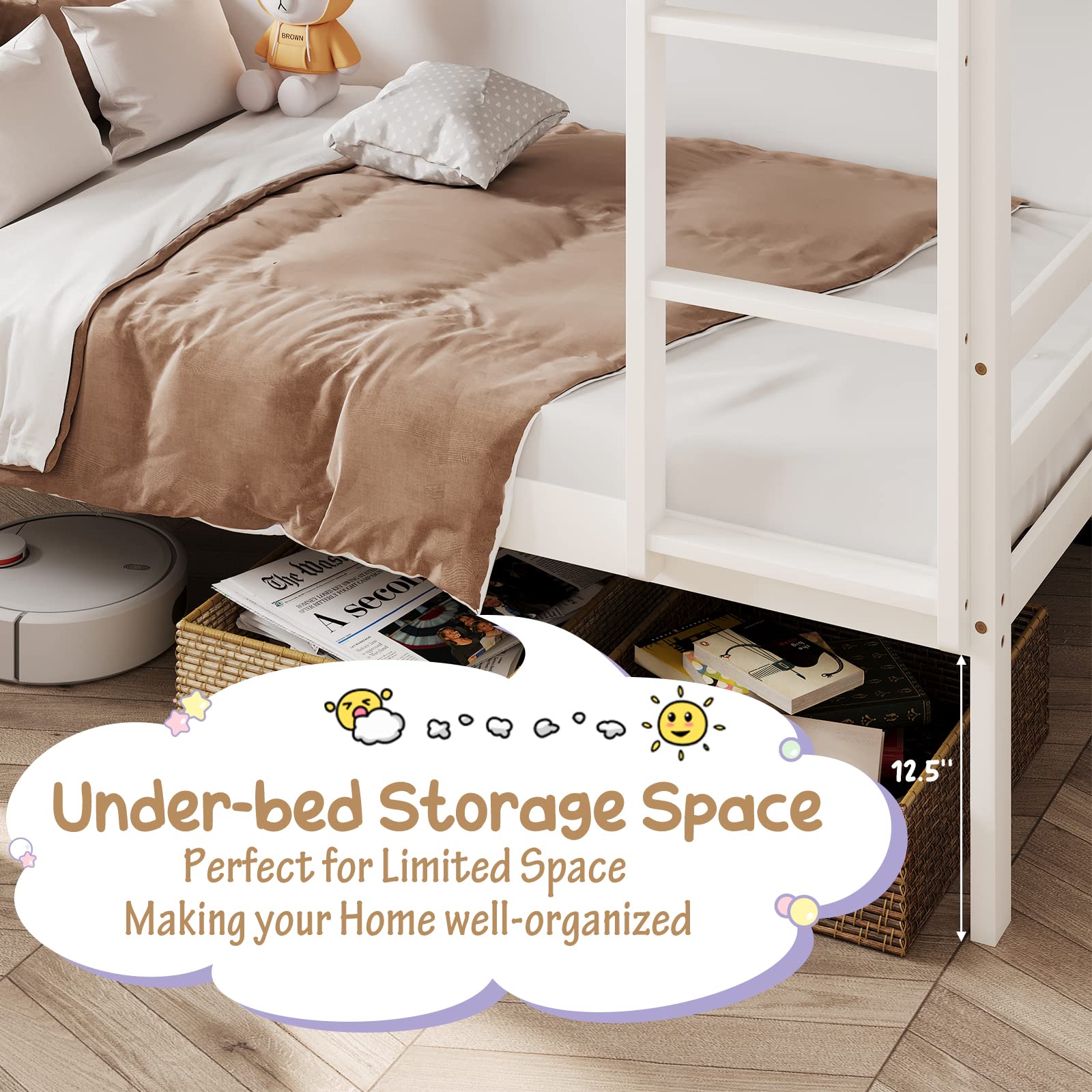 Twin Over Twin Wood Bunk Bed with Ladder & Safety Guardrail