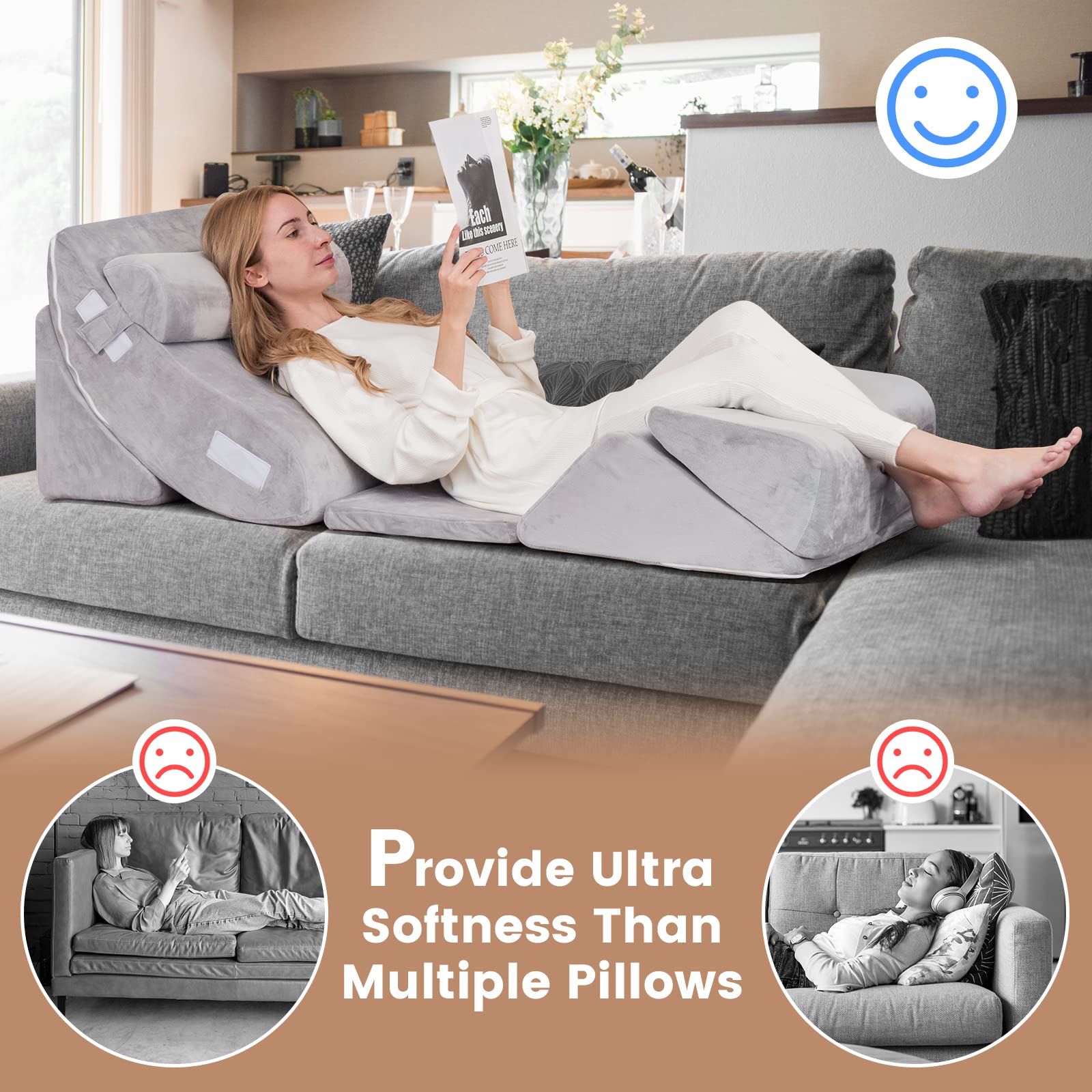 6PCS Orthopedic Bed Wedge Pillow Set, Adjustable Pillows for Neck, Back and Leg Pain Relief