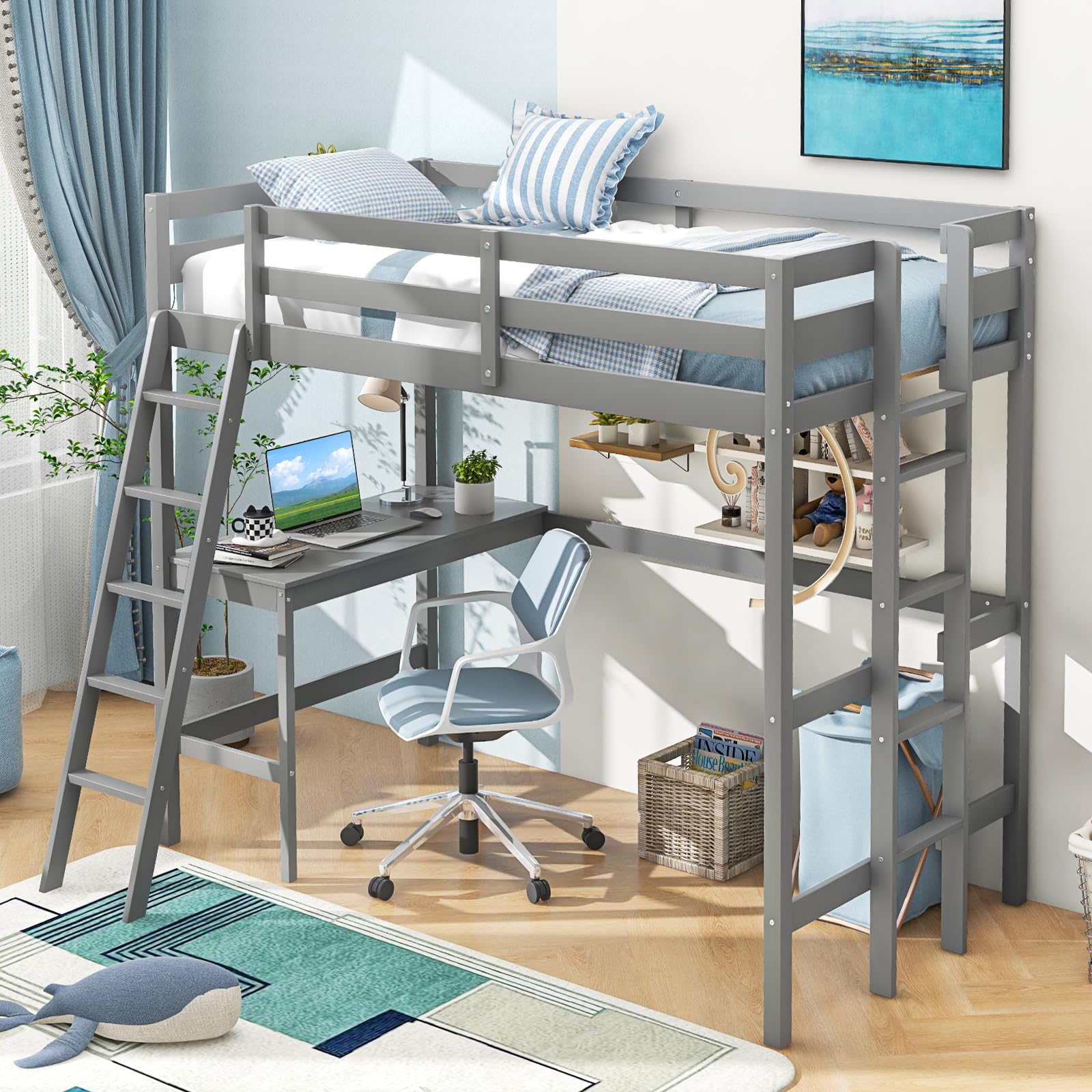 Twin Size Wood Loft Bed with Desk, 2 Ladders, Full Length Guardrail for Kids Teens Adults