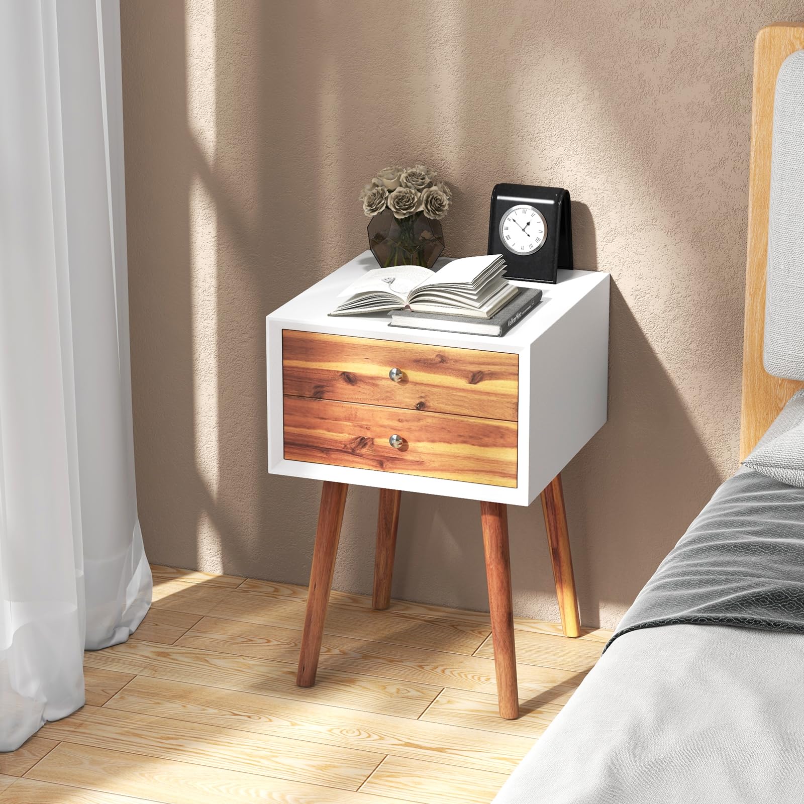 2-Drawer Nightstand, Mid-Century Modern Bed Side Table with Storage
