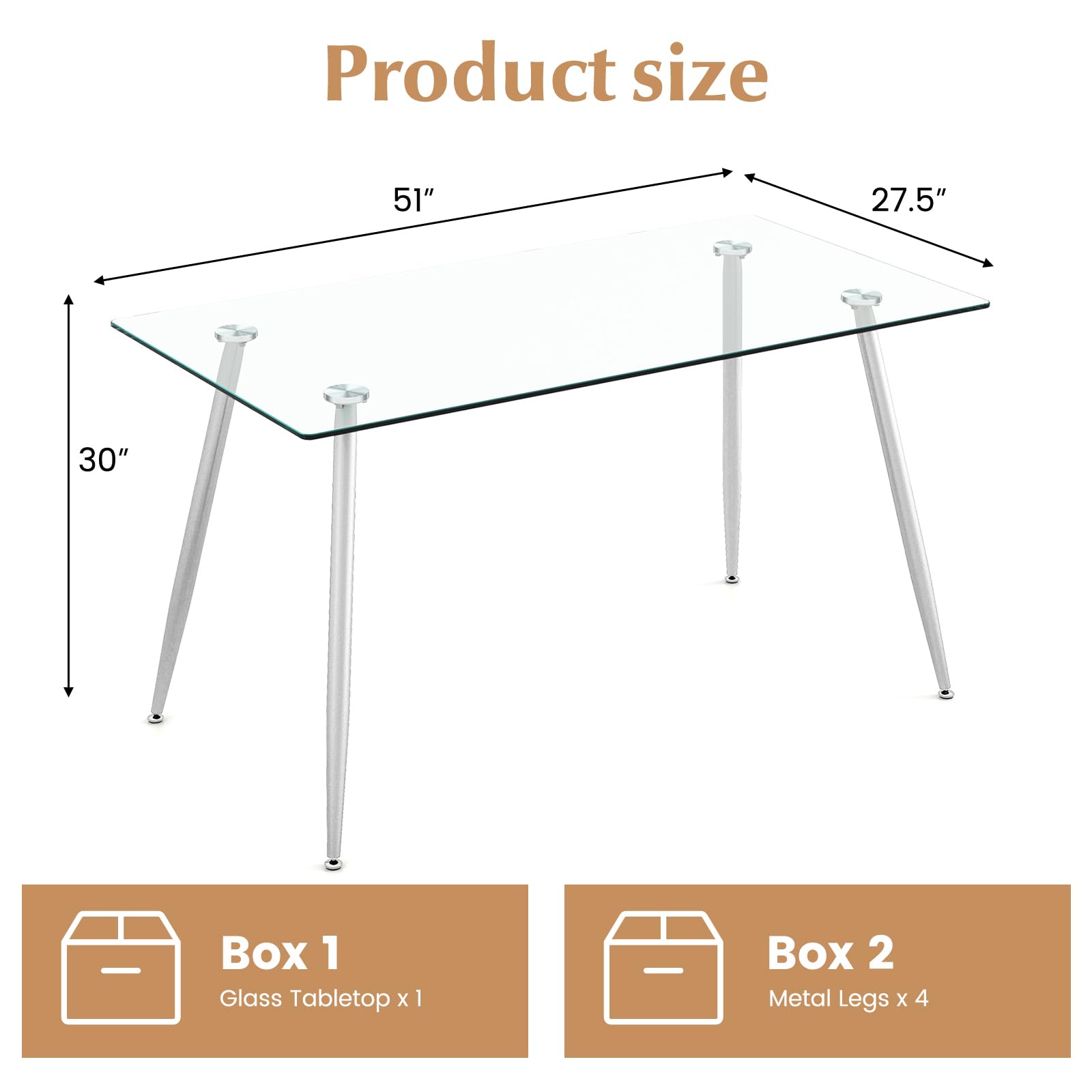 Glass Dining Table, Modern Rectangular Table with Spacious Tempered Glass Tabletop