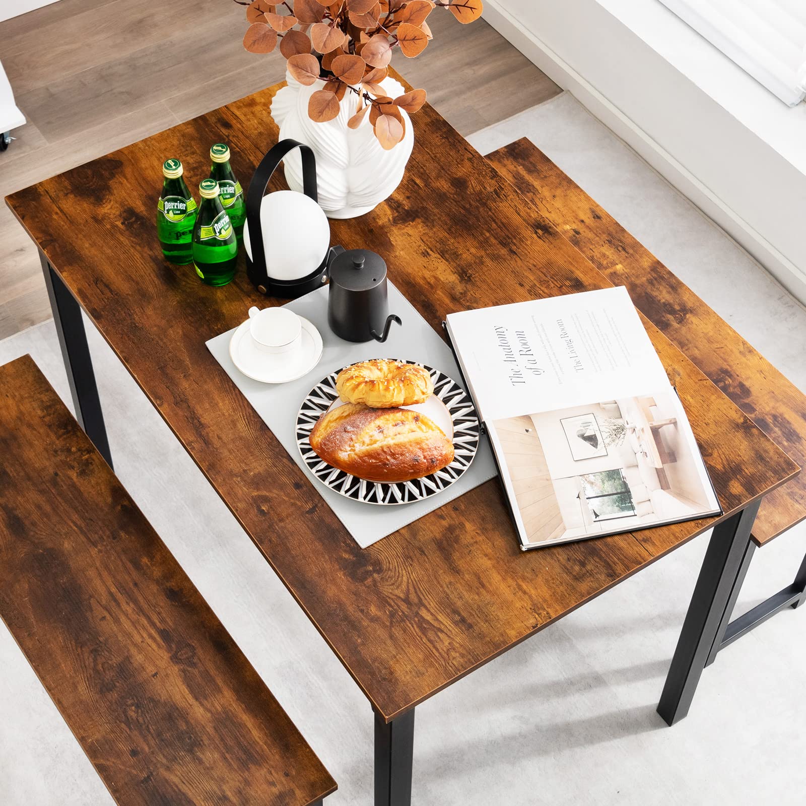 Dining Table Set for 4, 3-Piece Kitchen Table with 2 Benches