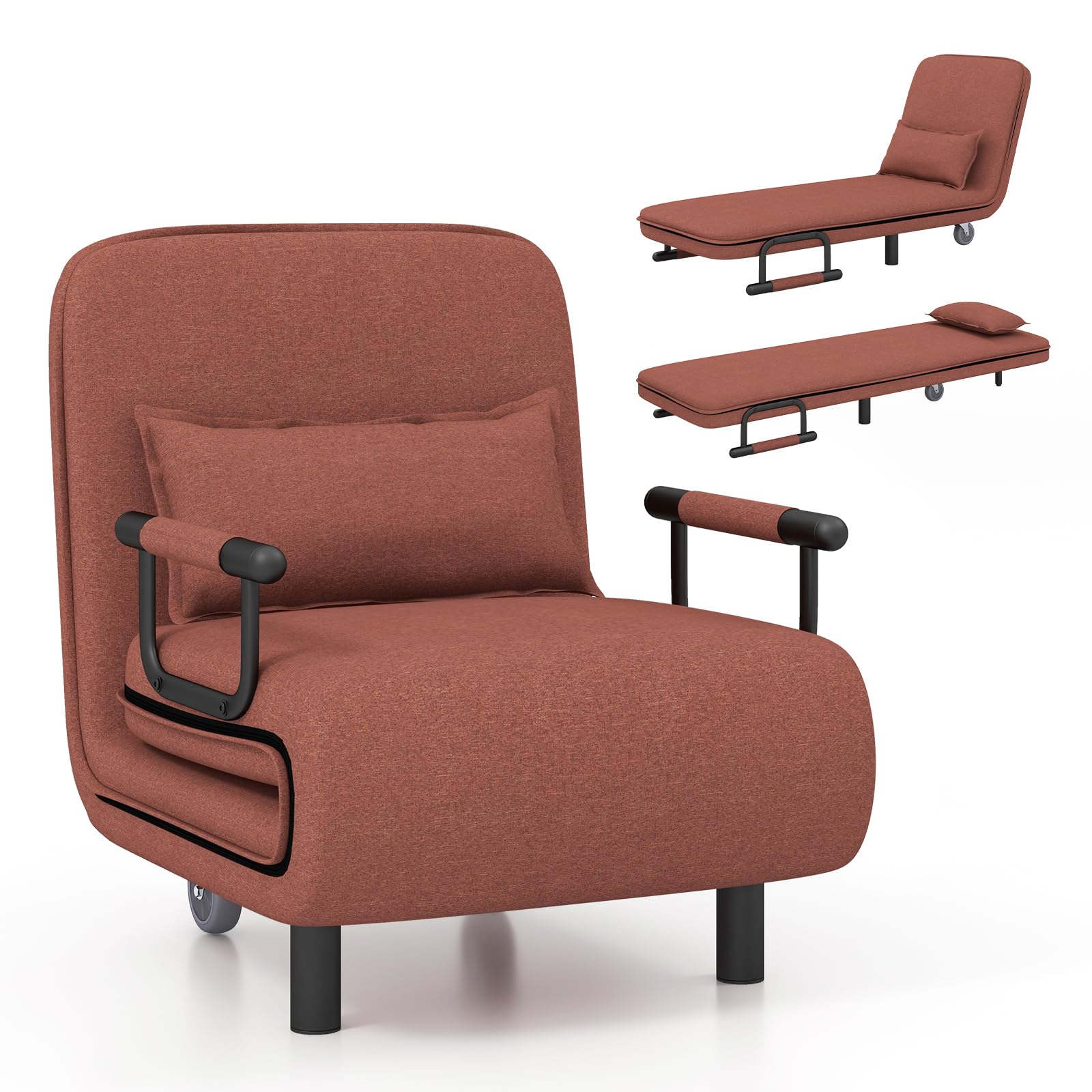 Convertible Chair Bed with 5-Position Adjustable Backrest & Lumbar Pillow, 2 Hidden Metal Legs & 2 Lockable Casters