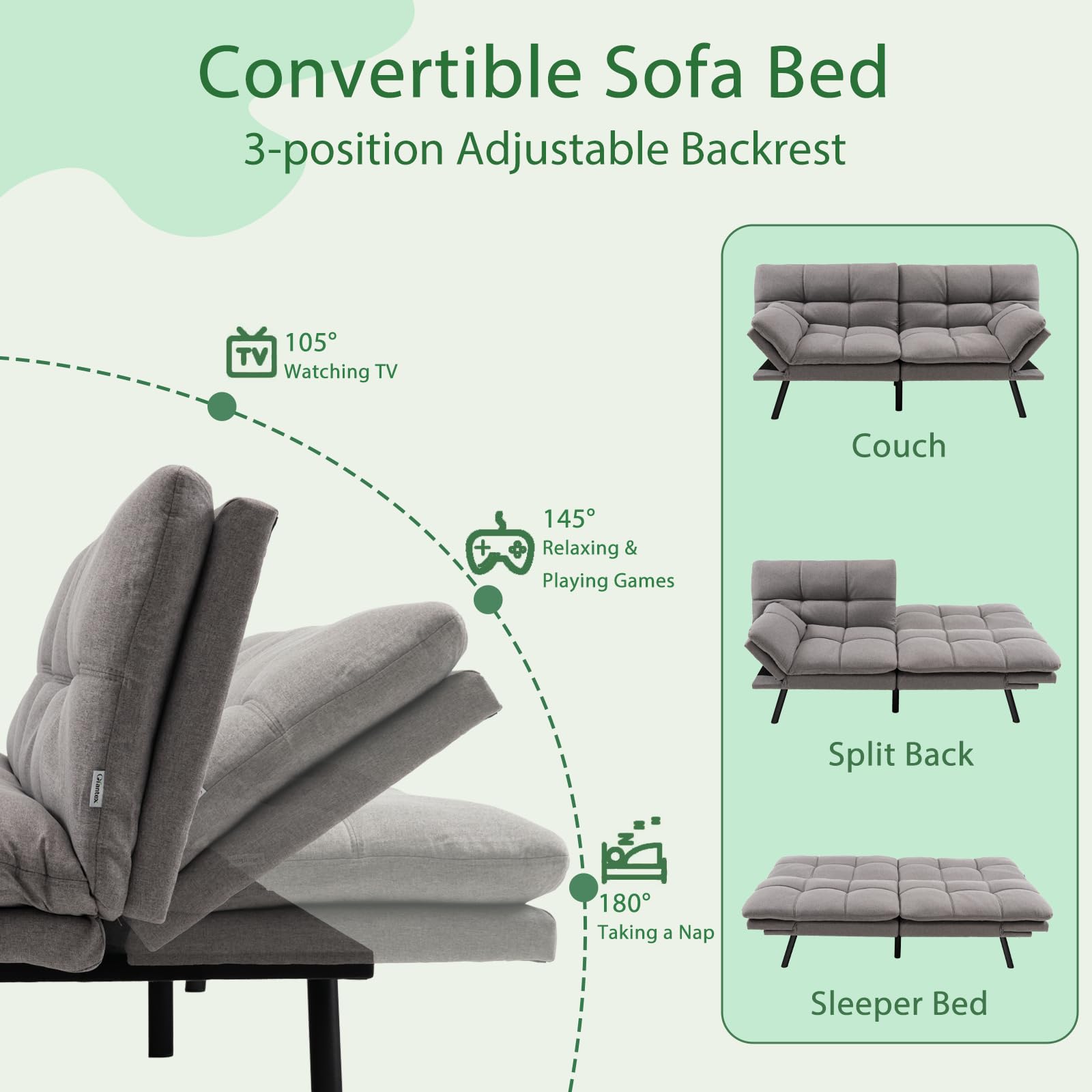 Futon Sofa Bed, Faux Leather Memory Foam Convertible Futon Couch with Adjustable Backrest & Armrests