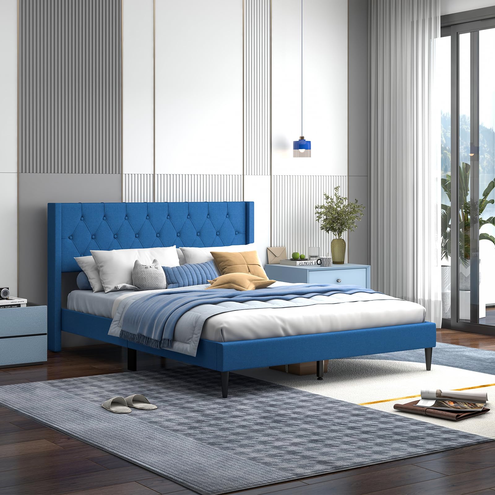 Upholstered Platform Bed with Button Tufted Wingback Headboard
