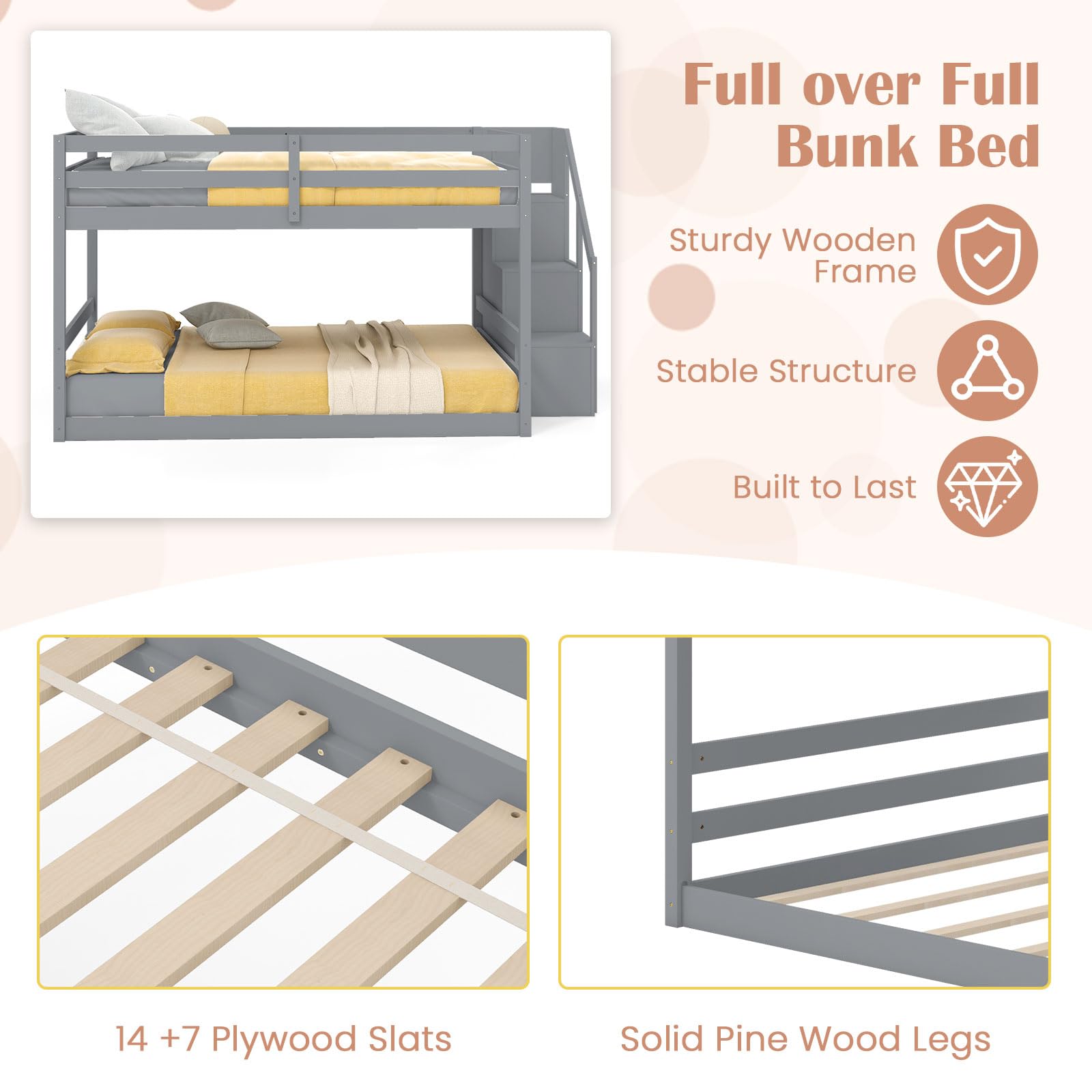 Bunk Bed with Stairs, Solid Wood Floor Bunk Bed with Storage Staircase & Full-Length Guardrails
