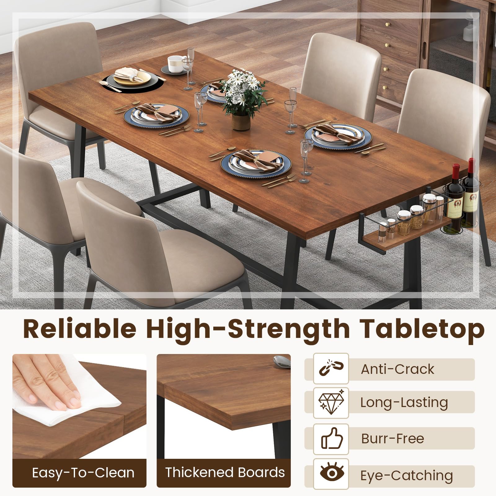 72-Inch Dining Table for 5-7, Rectangular Kitchen Table with 2-Bottle Wine Rack, Condiment Holder & Metal Footrest