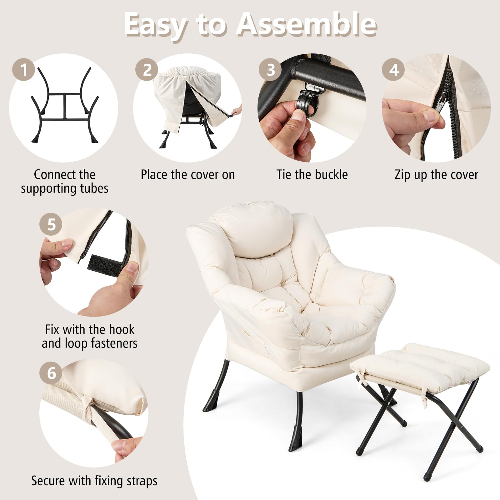 Lazy Sofa Chair with Ottoman, Upholstered Leisure Lounge Armchair with Folding Footrest, Side Storage Pocket