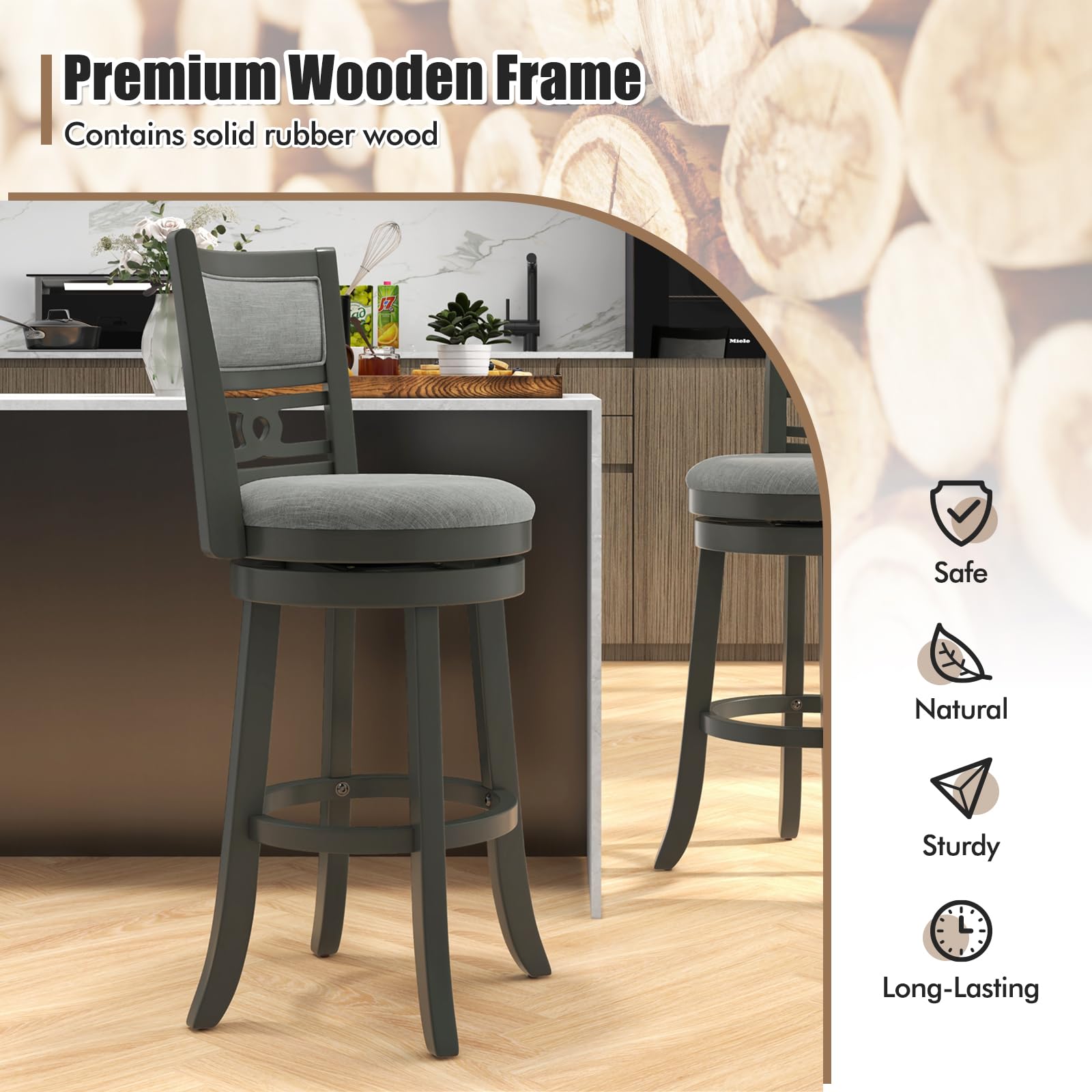 Upholstered Bar Height Bar Chair with Wooden Frame, Swivel Seat & Footrest