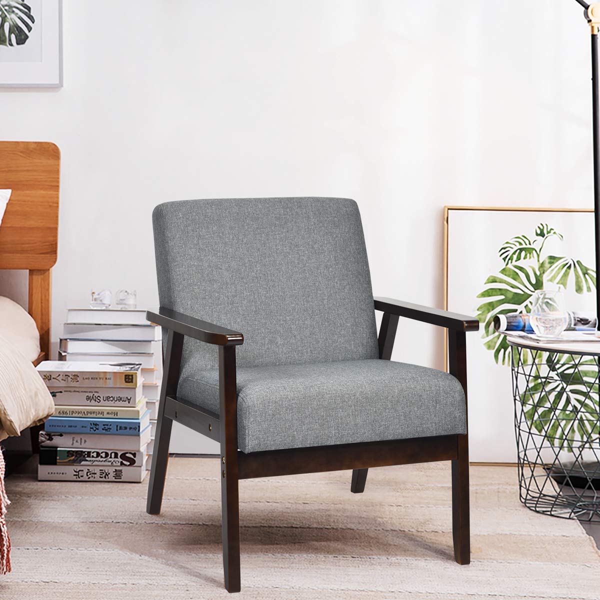 Solid Hardwood Made Mid-Century Modern Accent Chair | Retro Fabric Armchair