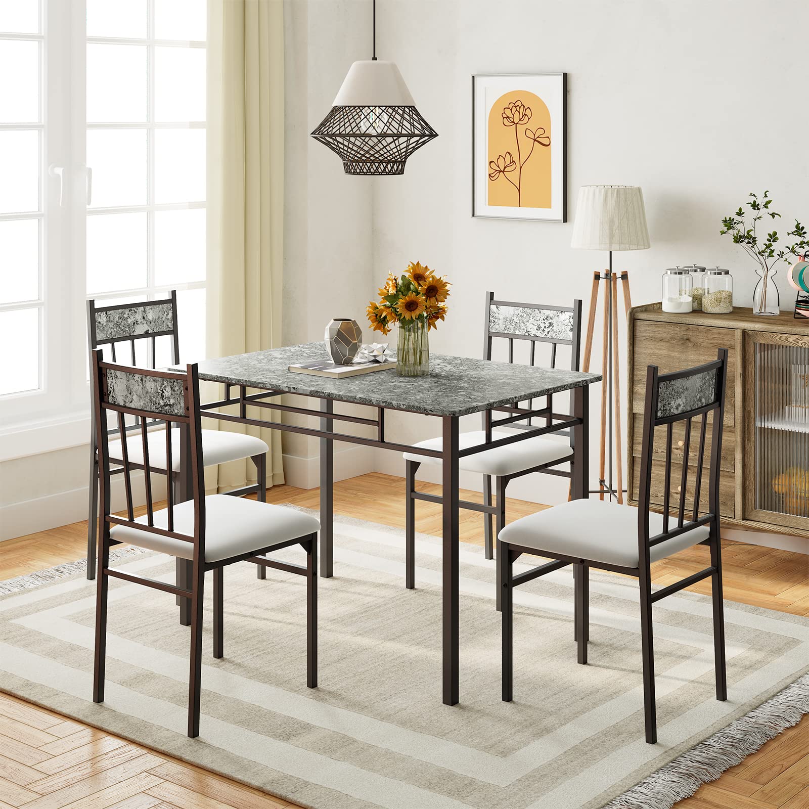 5 Piece Dining Table Set, Modern Rectangular Dining Table & Upholstered Chair Set w/Marble Tabletop