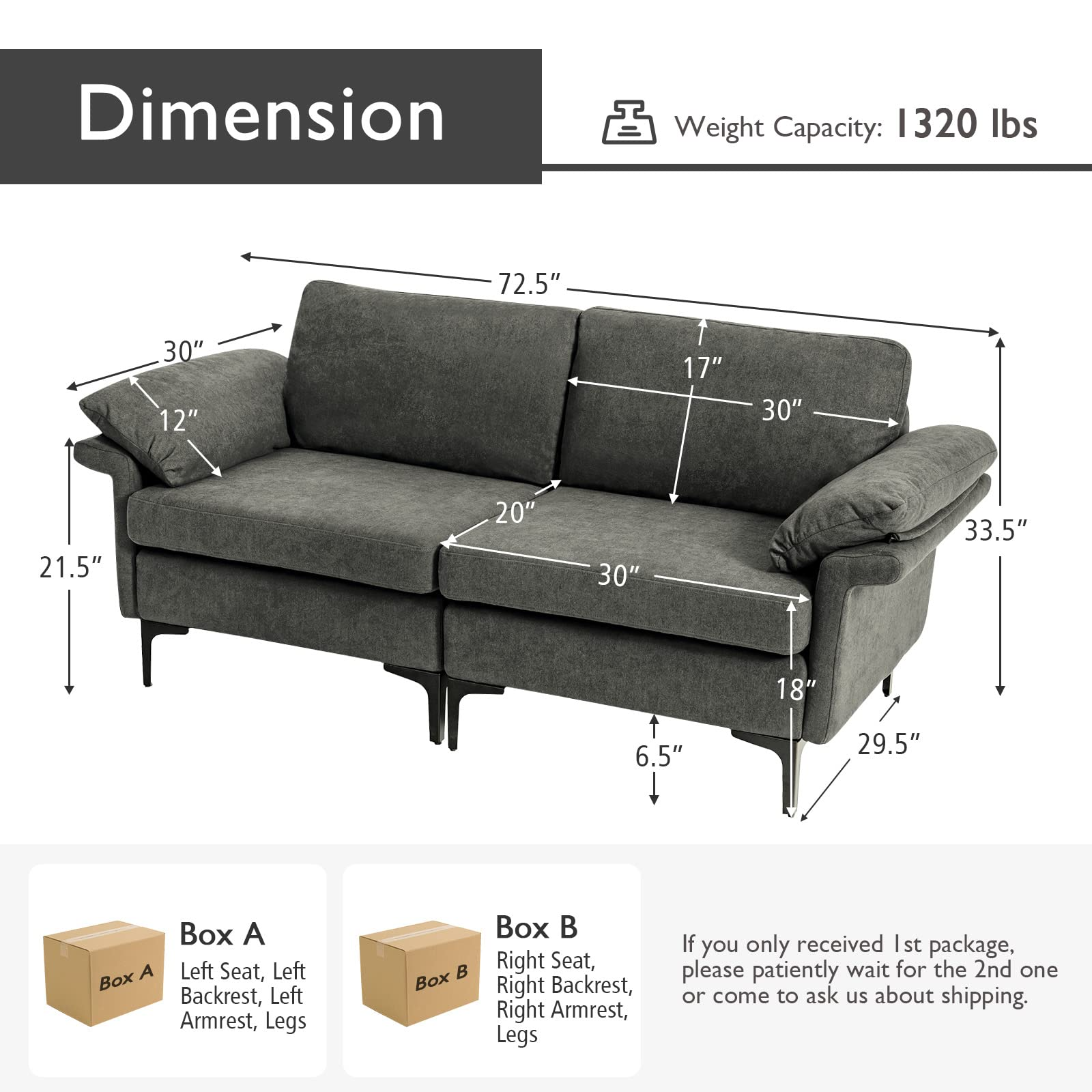 72.5" Loveseat Sofa Couch, Modern Love Seat with Removable Armrest Pillows