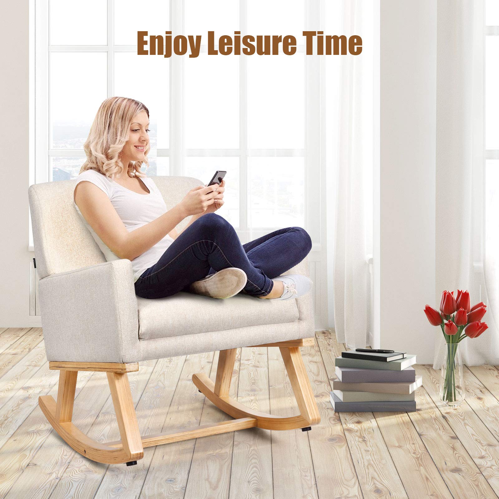 Upholstered Rocking Chair with Fabric Padded Seat and Solid Wood Base