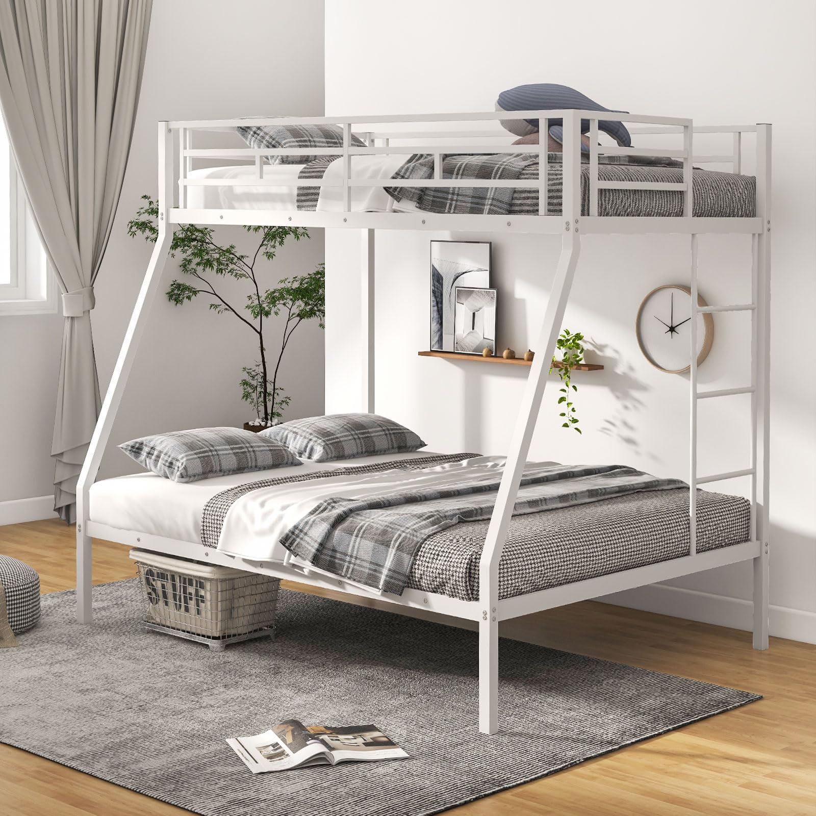Metal Twin Over Full Bunk Bed, Heavy Duty Bed Frame with Integrated Ladder, Full-Length Guardrails for Teens & Adults