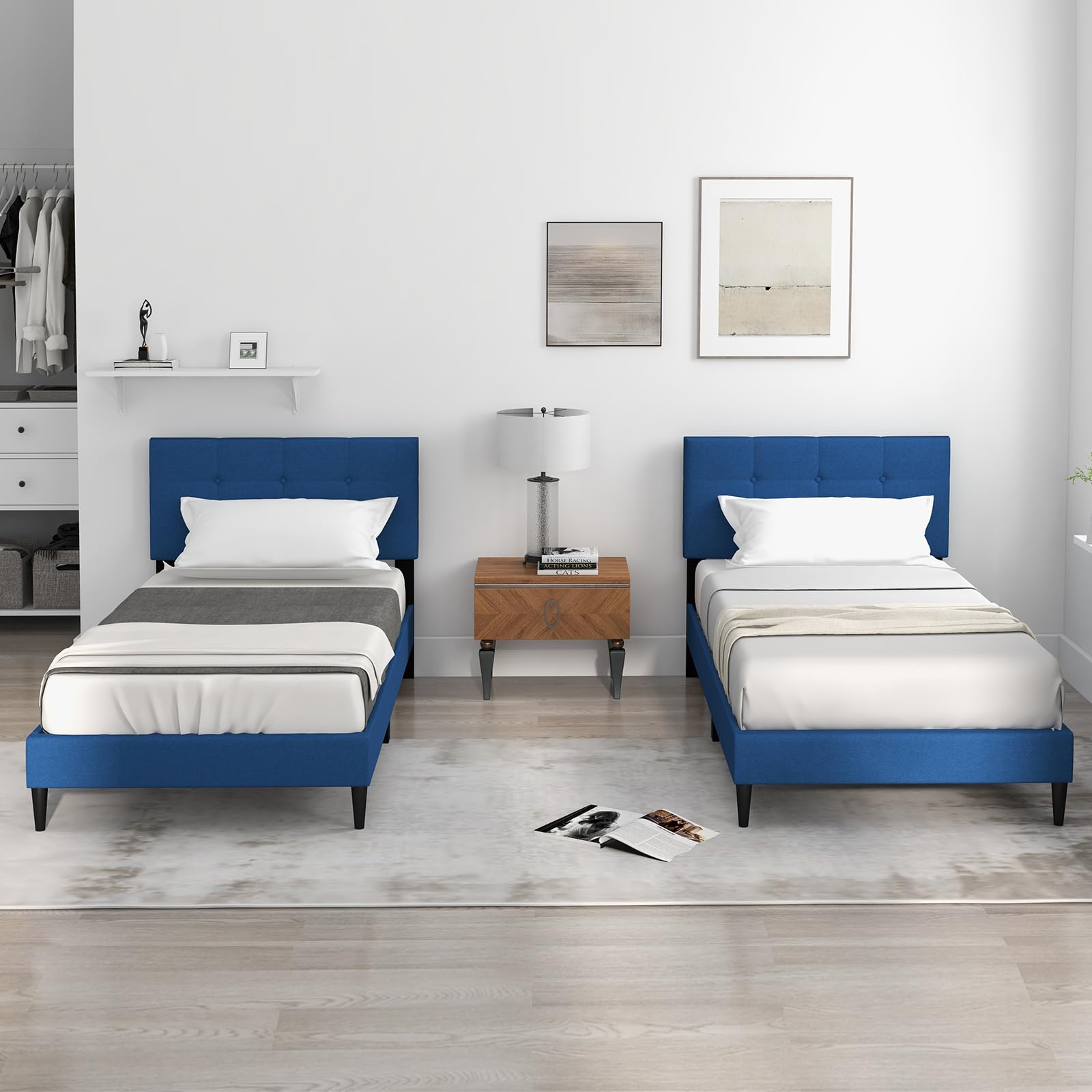 Twin/Queen Size Upholstered Platform Bed Frame with Button Tufted Linen Fabric Headboard