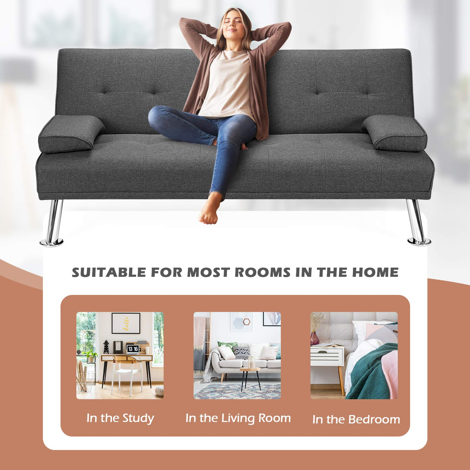 Convertible Futon Sofa Bed with Adjustable Backrest & Removable Armrests, 2 Cup Holders