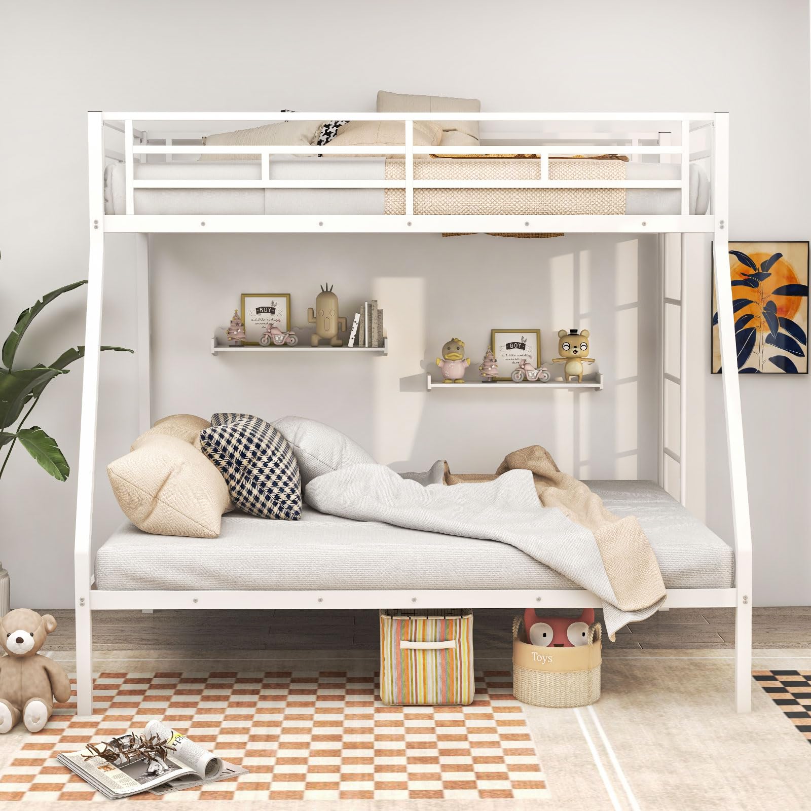 Metal Twin Over Full Bunk Bed, Heavy Duty Bed Frame with Integrated Ladder, Full-Length Guardrails for Teens & Adults