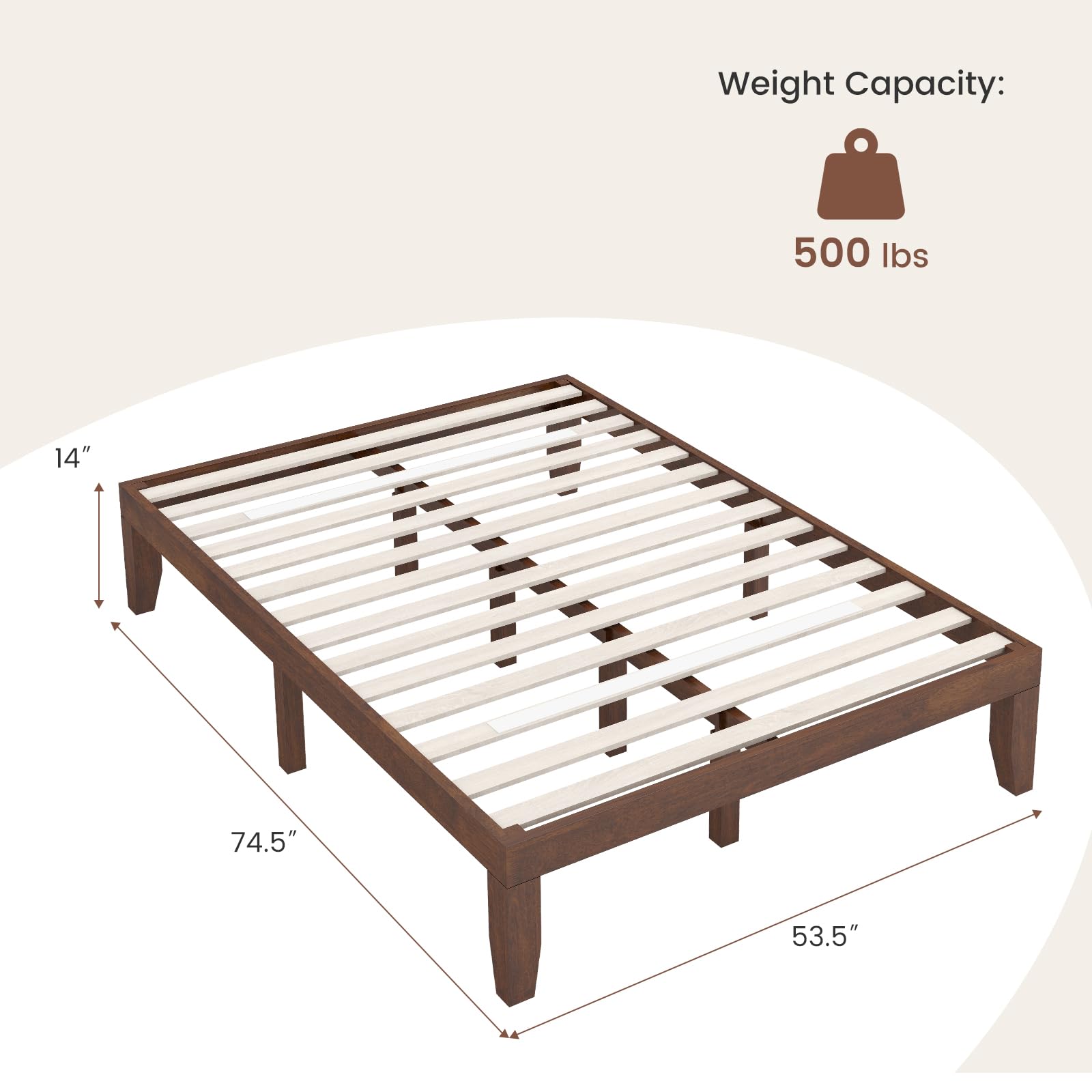 14 Inches Wood Platform Bed Frame, Solid Wood Mattress Foundation with Rubber Wood Frame