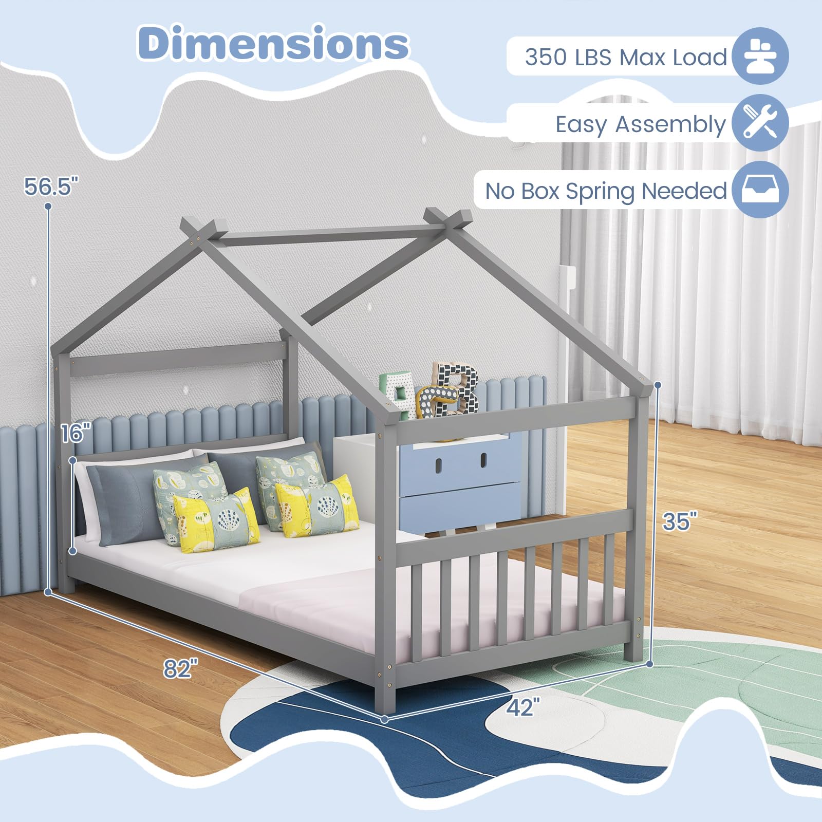 Twin Wood Kids House Bed with Roof, Headboard and Footboard
