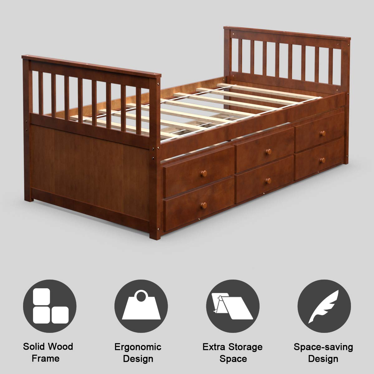 Twin Captain&rsquo;s Bed with Trundle Bed, Wood Storage Daybed with 3 Storage Drawers