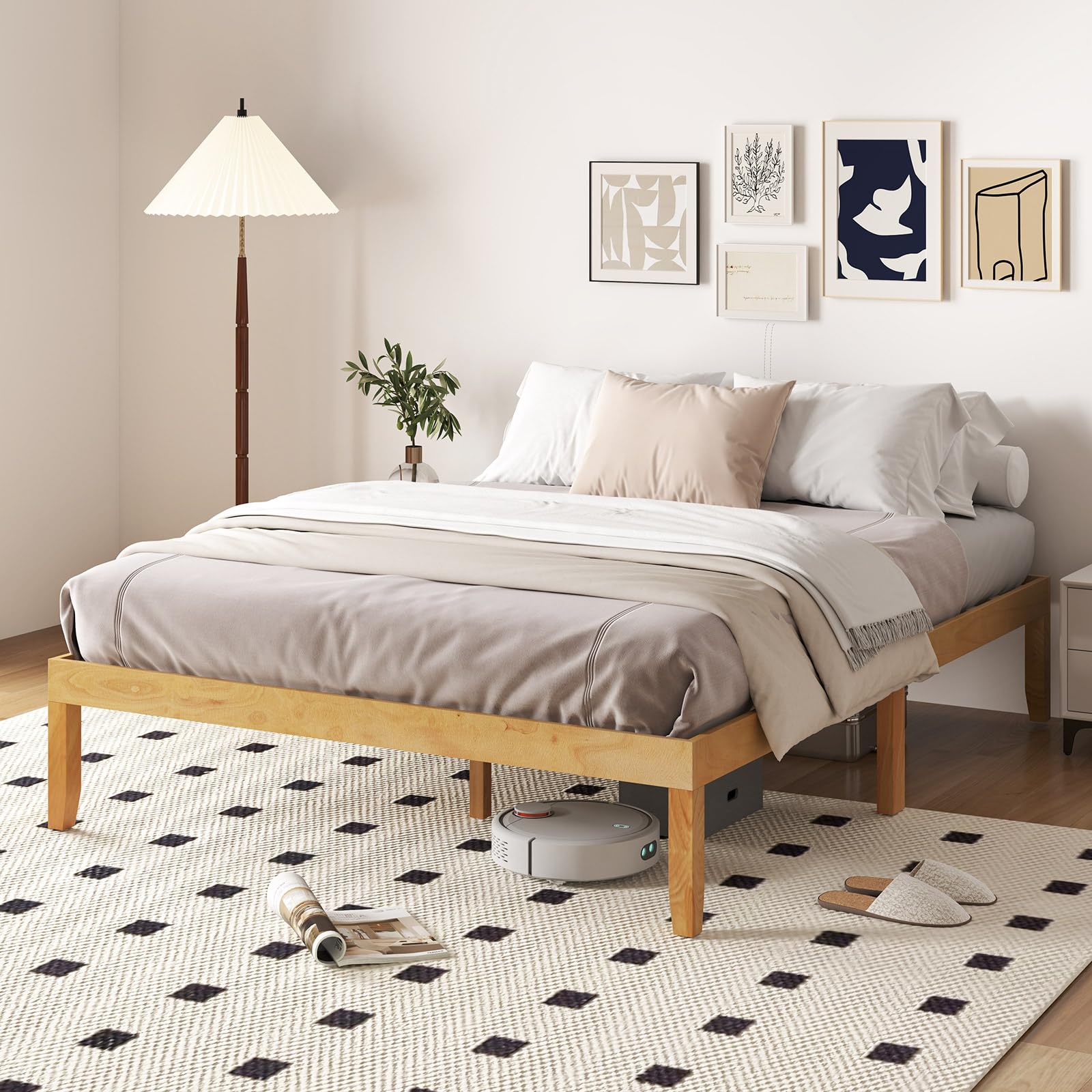 Wood Platform Bed Frame, 14 Inches Wooden Mattress Foundation with Solid Rubber Wood Legs