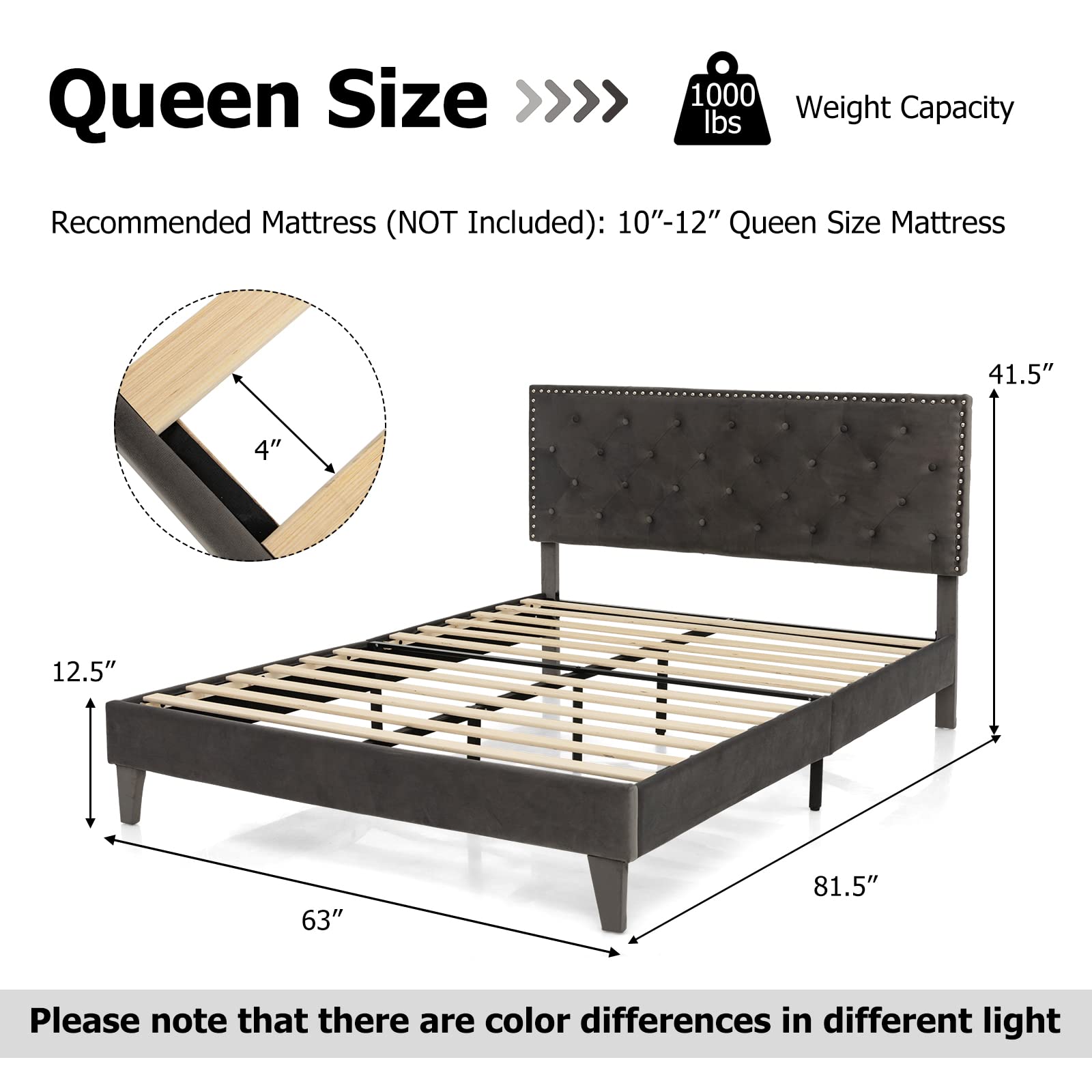 Full/Queen Size Upholstered Bed Frame with Tufted Headboard & Soft-padded Footboard