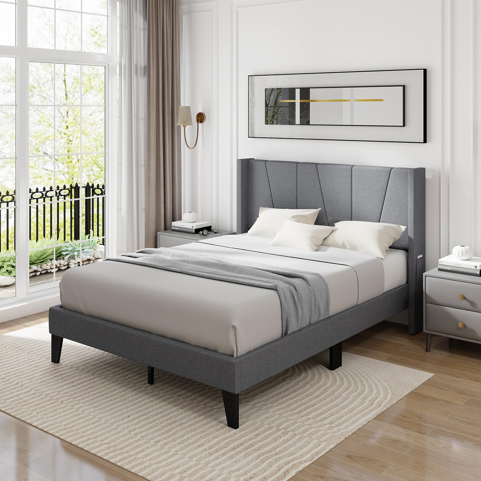 Upholstered Bed Frame with Wingback Headboard