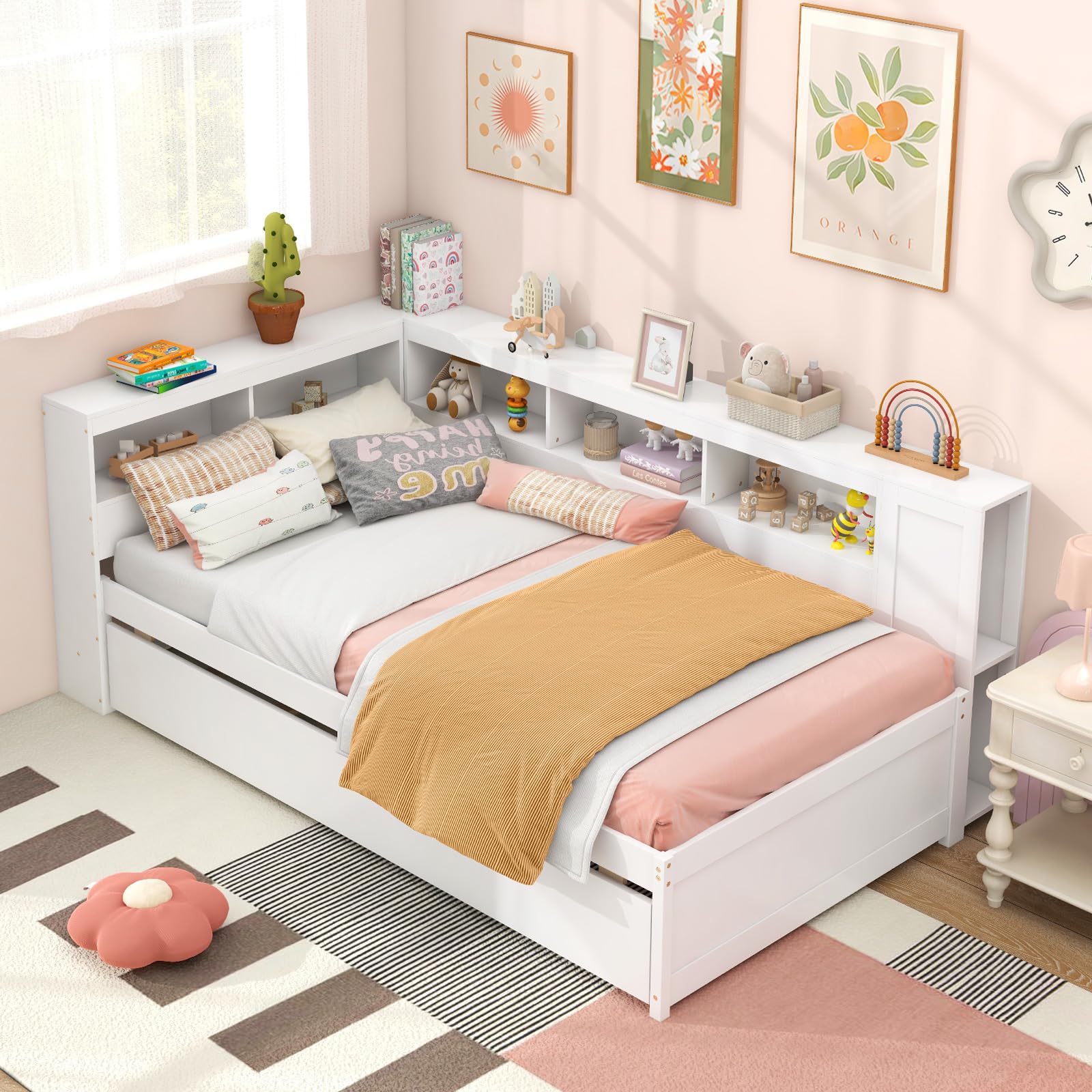Twin Wood Daybed with Trundle, Storage Headboard, Reversible Bookcase, Bedside Shelves & Wooden Slats