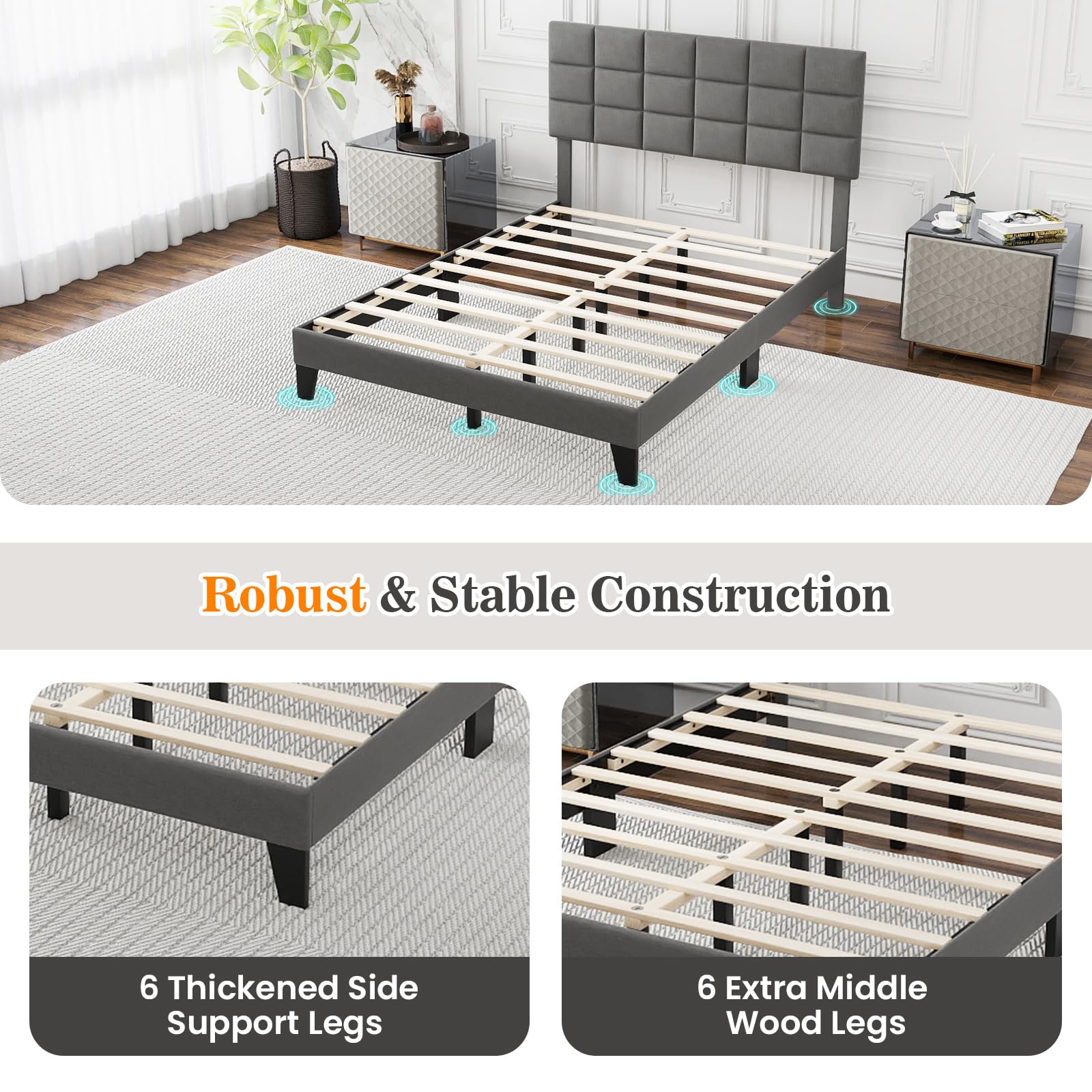 Linen Fabric Upholstered Bed Frame with Adjustable Headboard & Wooden Slat Support
