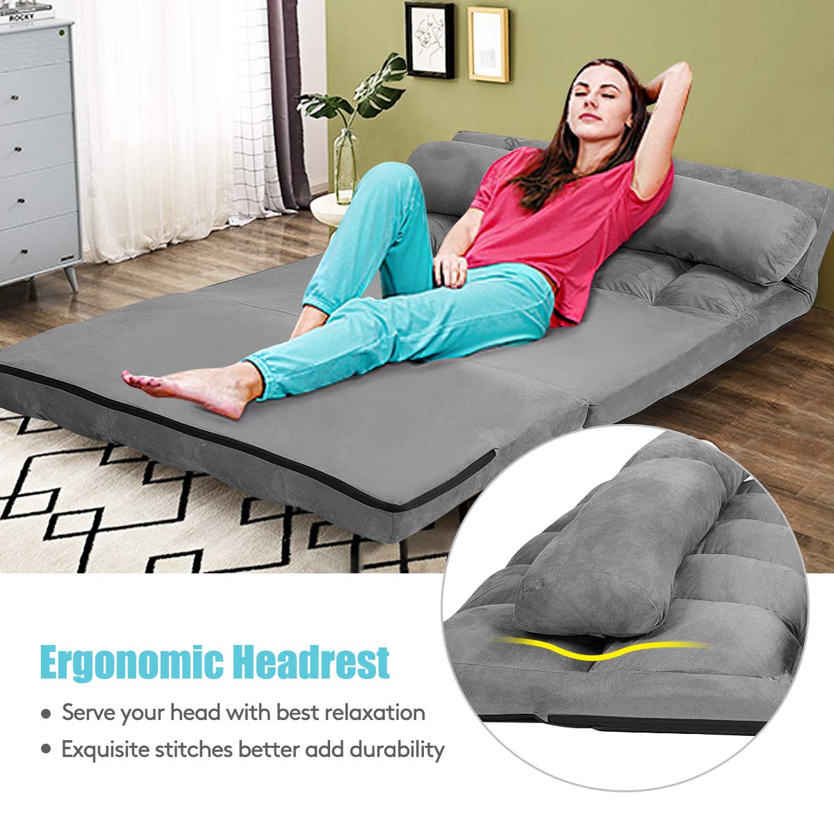 Various Colours Available 6-Position Adjustable Floor Sofa with 2 Pillows
