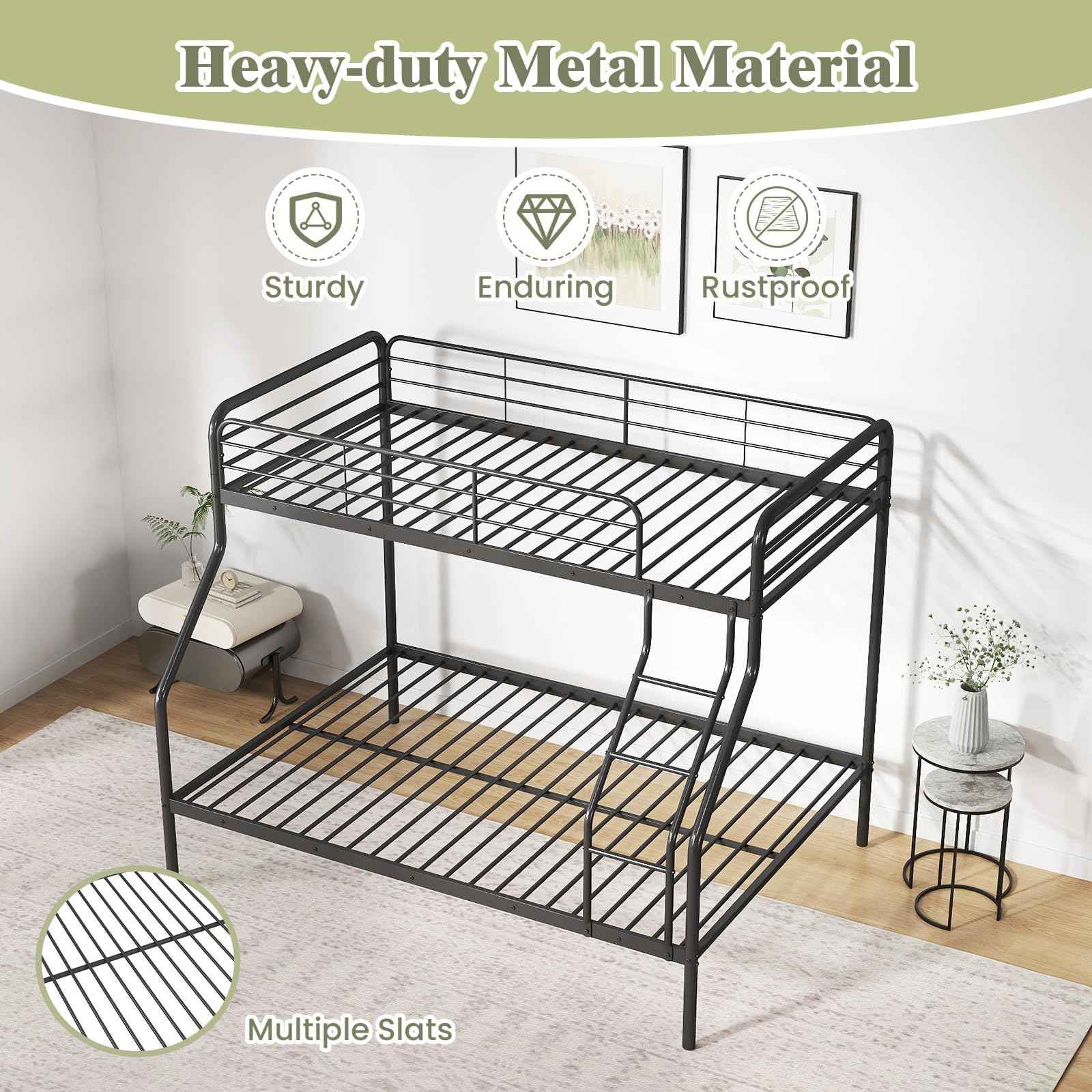 Twin Over Full Metal Bunk Bed with Inclined Ladder, Safety Guardrail