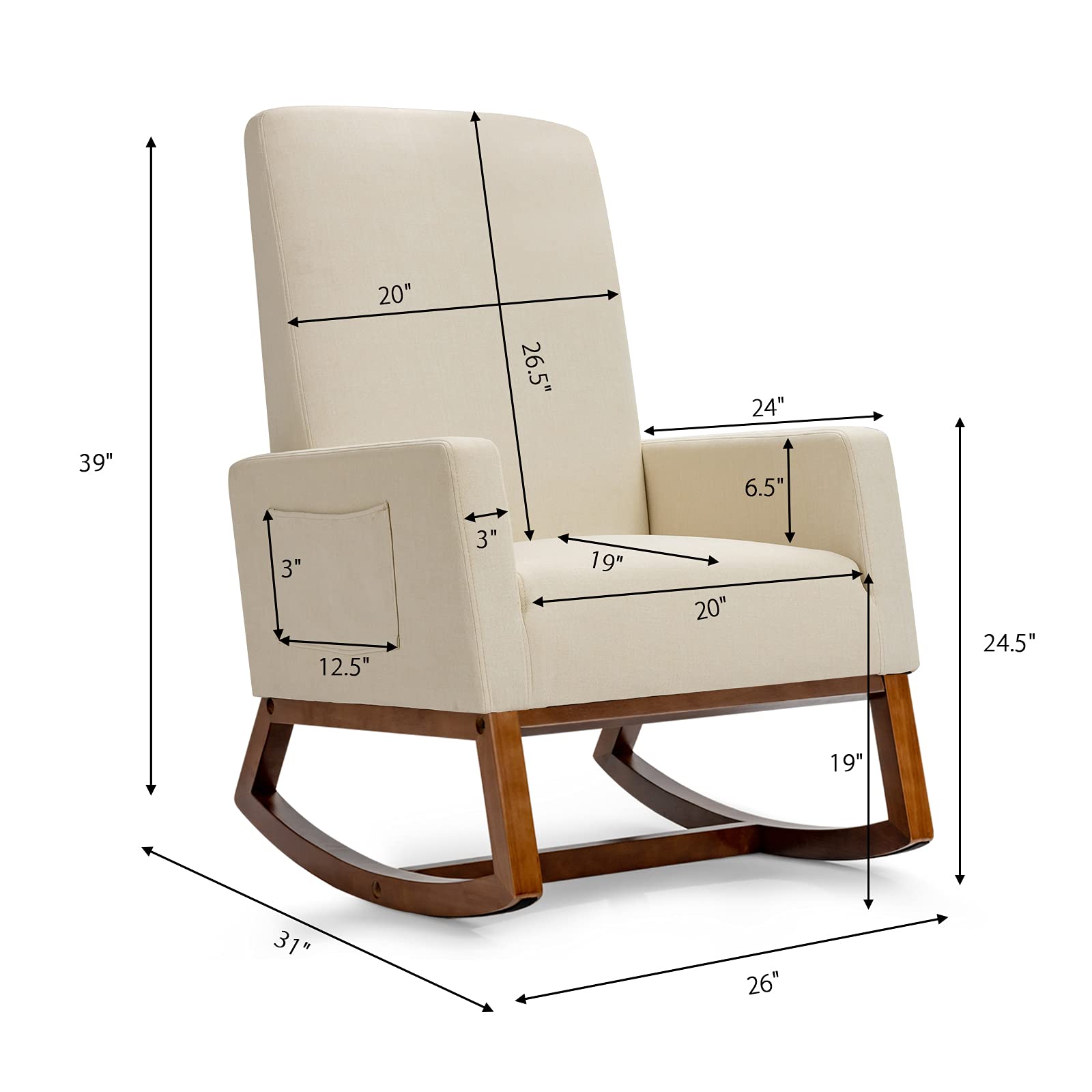 Rocking Chair, High Back Upholstered Lounge Armchair w/Side Pocket