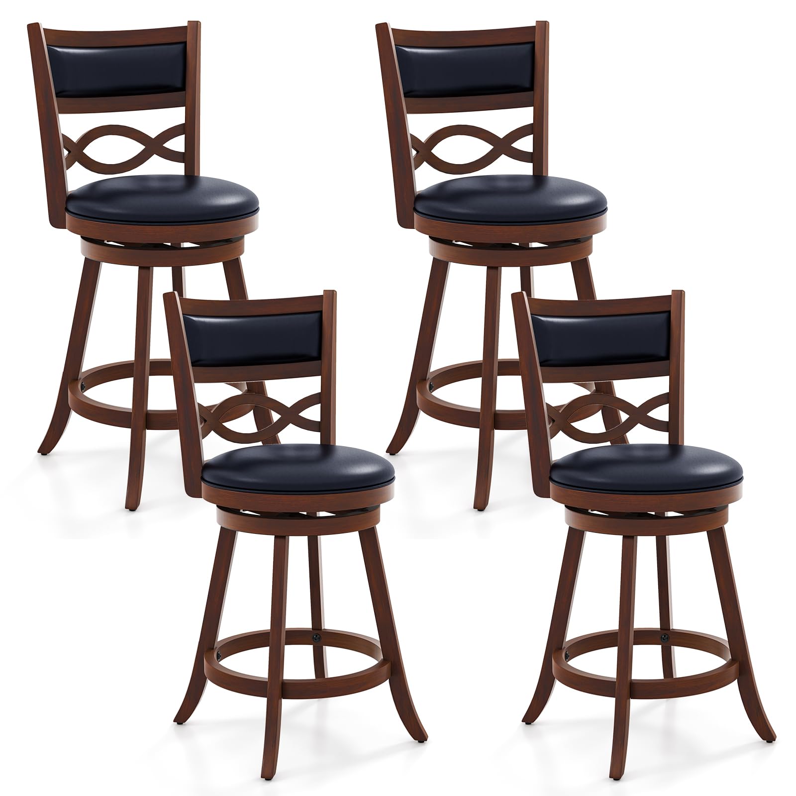 Bar Stools Set of 2/4, 24.5&rdquo; Counter Height Stools with Rubber Wood Frame, Faux Leather Upholstered Seat and Backrest
